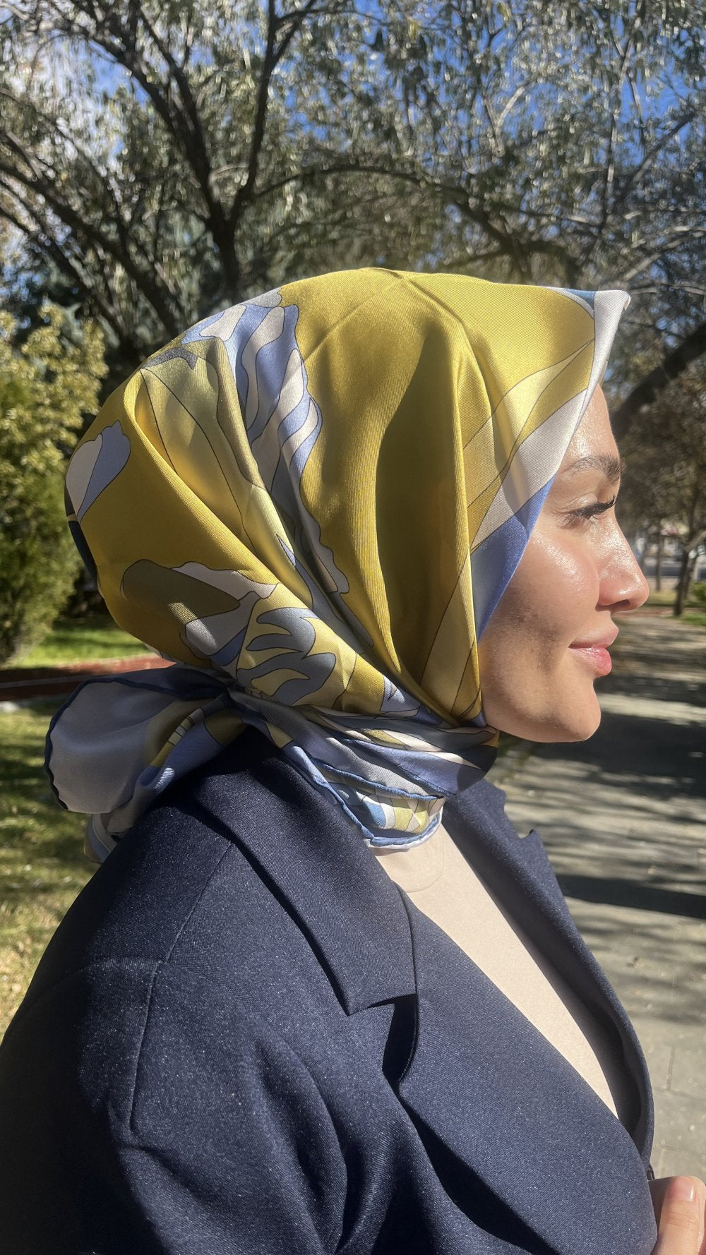 Belli Nostalji Twill İpek Eşarp Çizgi Desen Yağ Yeşili Lila