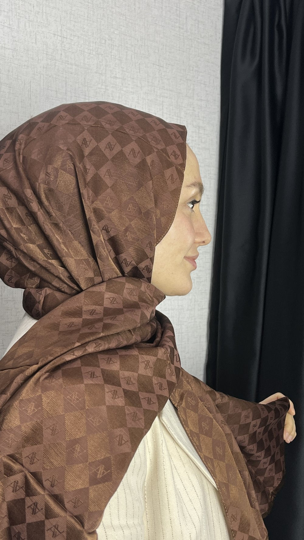 Armine Pamuk İpek Dama Şal Acı Kahve
