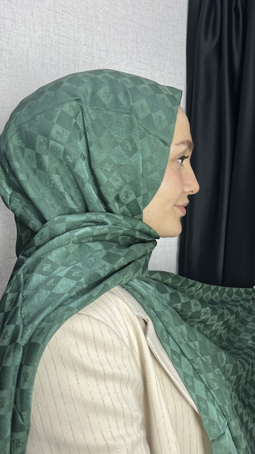 Armine Pamuk İpek Dama Şal Yaprak Yeşili