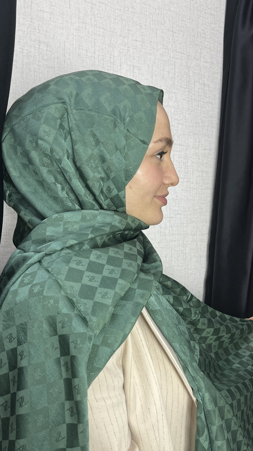 Armine Pamuk İpek Dama Şal Yaprak Yeşili