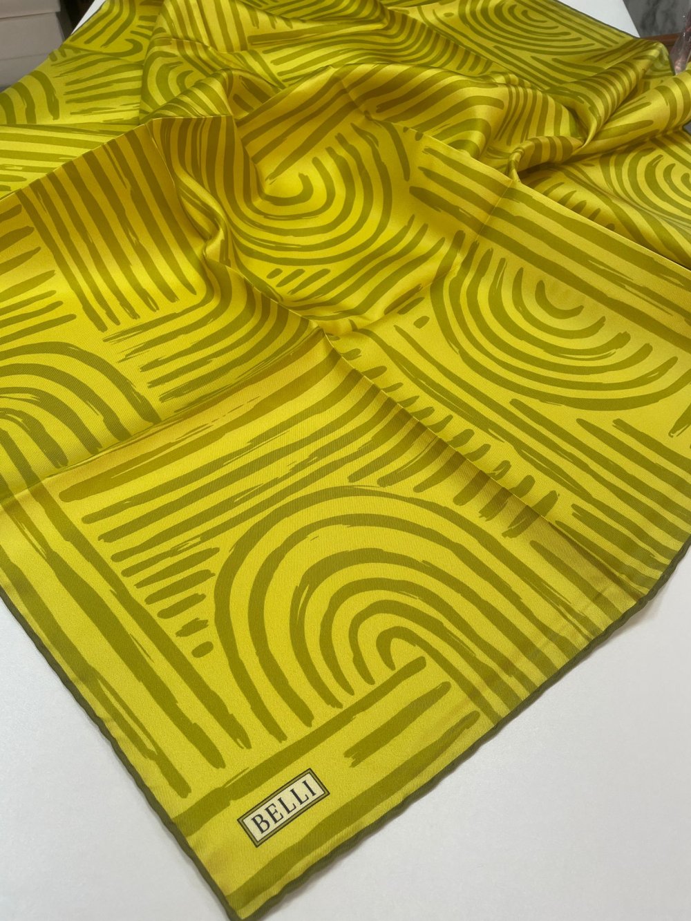 Belli Nostalji  Twill İpek Eşarp Asit Sarısı Çizgili Desen