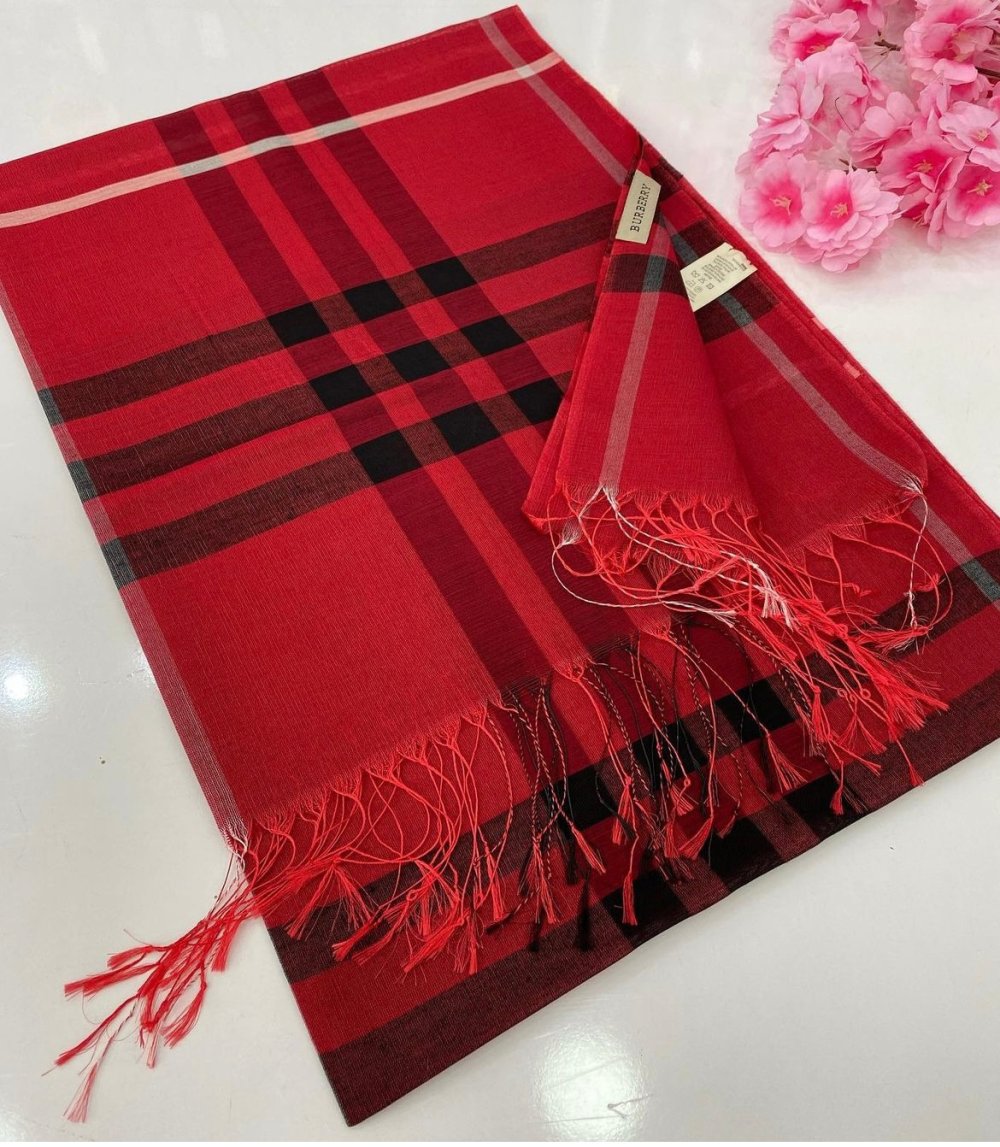 Burbery Ekose Desen Pamuk İpek İthal Şal Ekose kırmızı