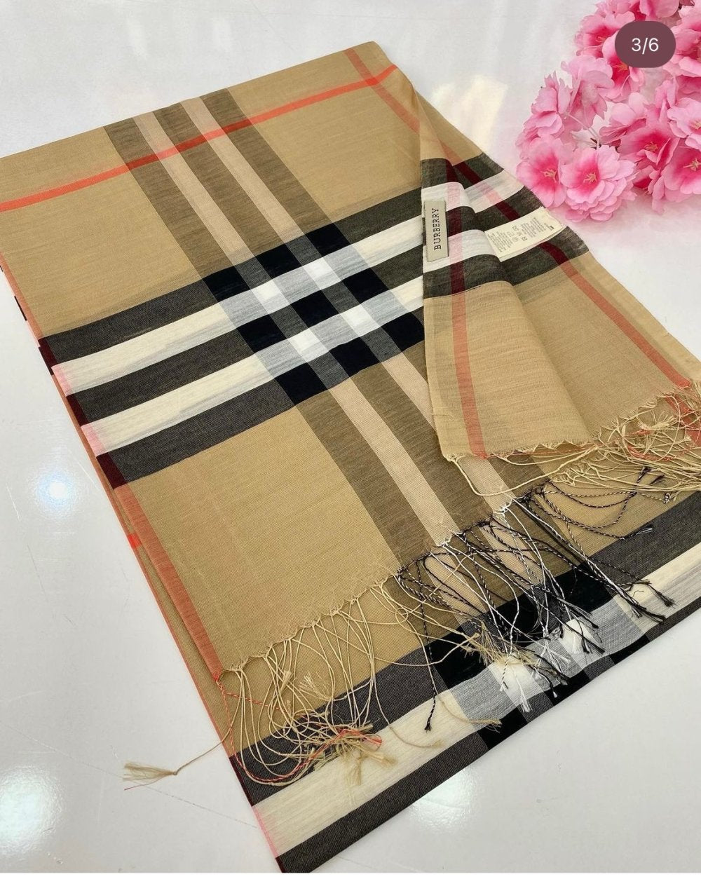 Burbery Ekose Desen Pamuk İpek İthal Şal Ekose Camel