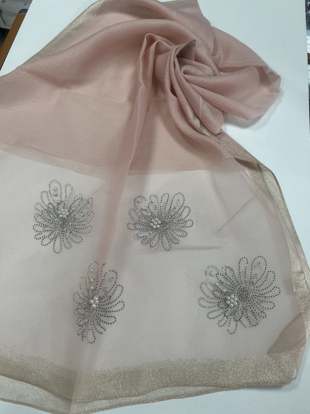 İthal İnci Taşlı Kenarı Simli Şal Pembe