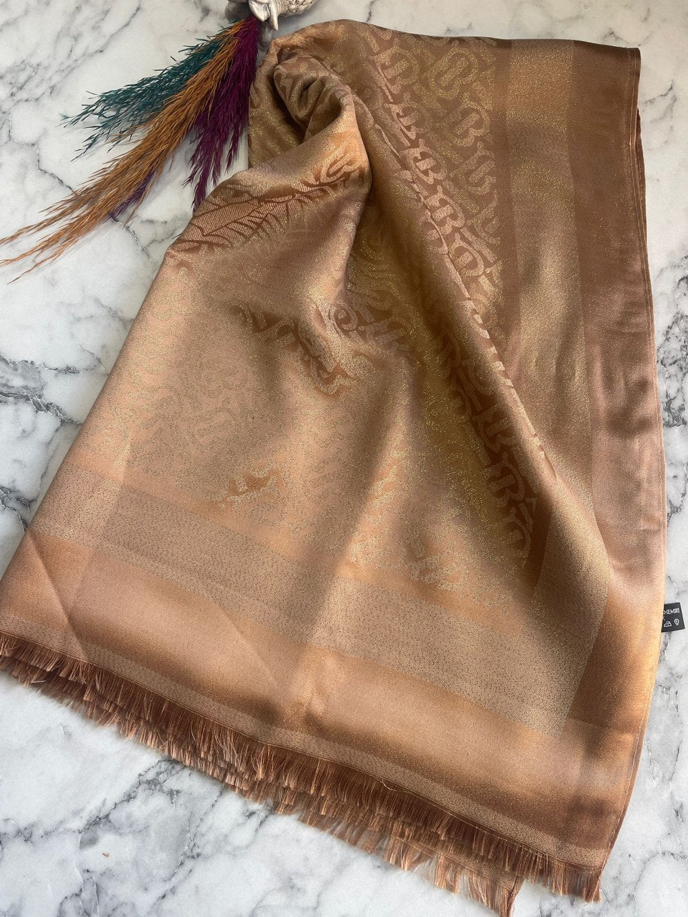 İthal Simli Burberry Kaşmir İpek Şal Altın
