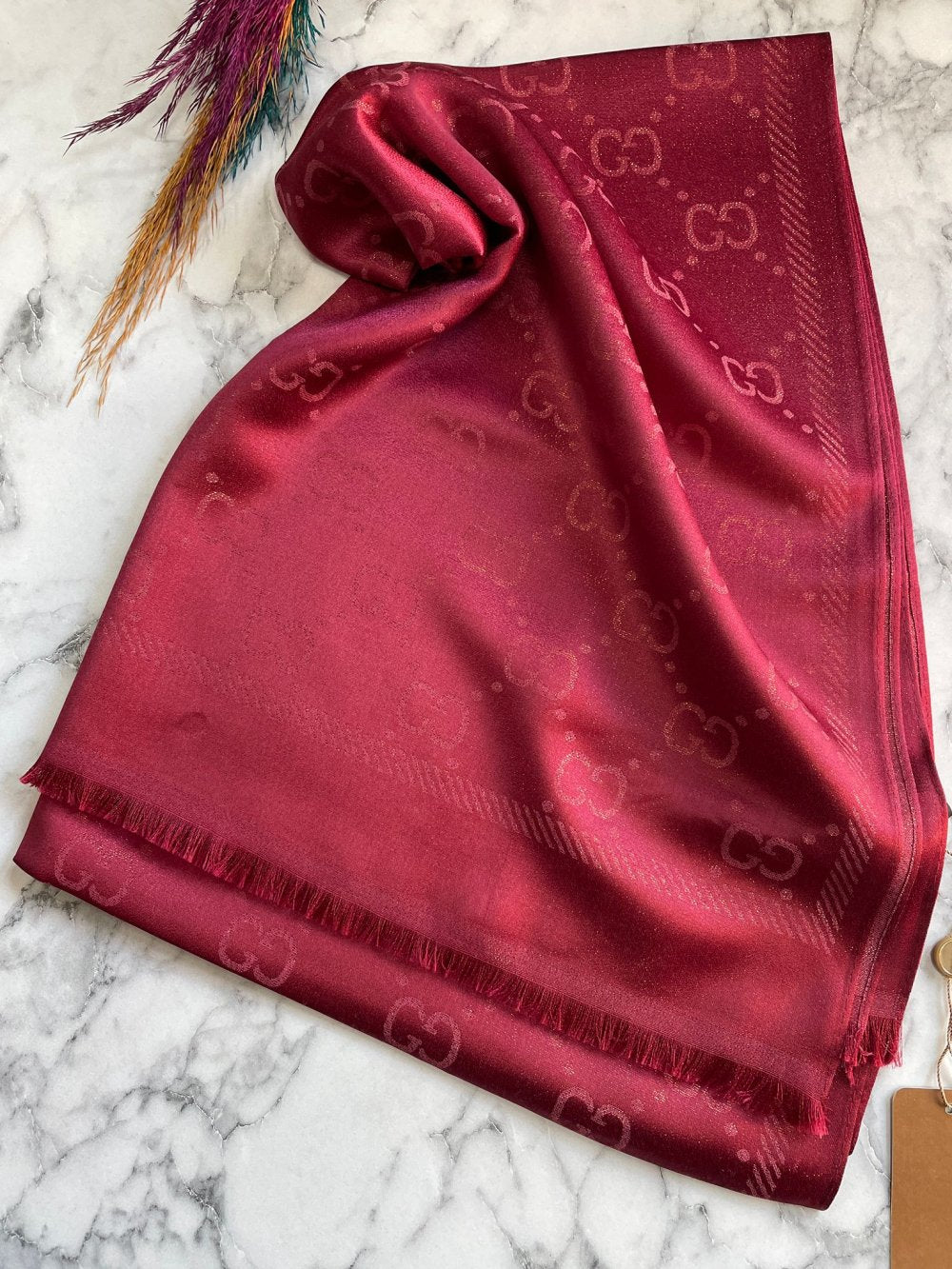 İthal Simli Gucci Kaşmir İpek Şal Bordo-8