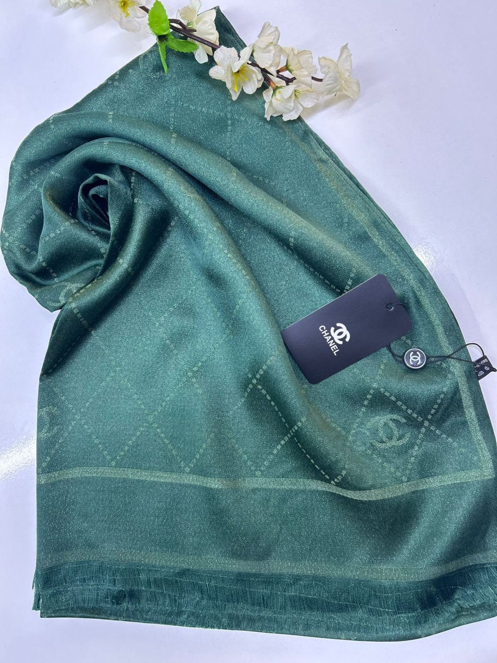 İthal Simli Chanel Kaşmir İpek Şal Armine Harf Desen Zümrüt Yeşili