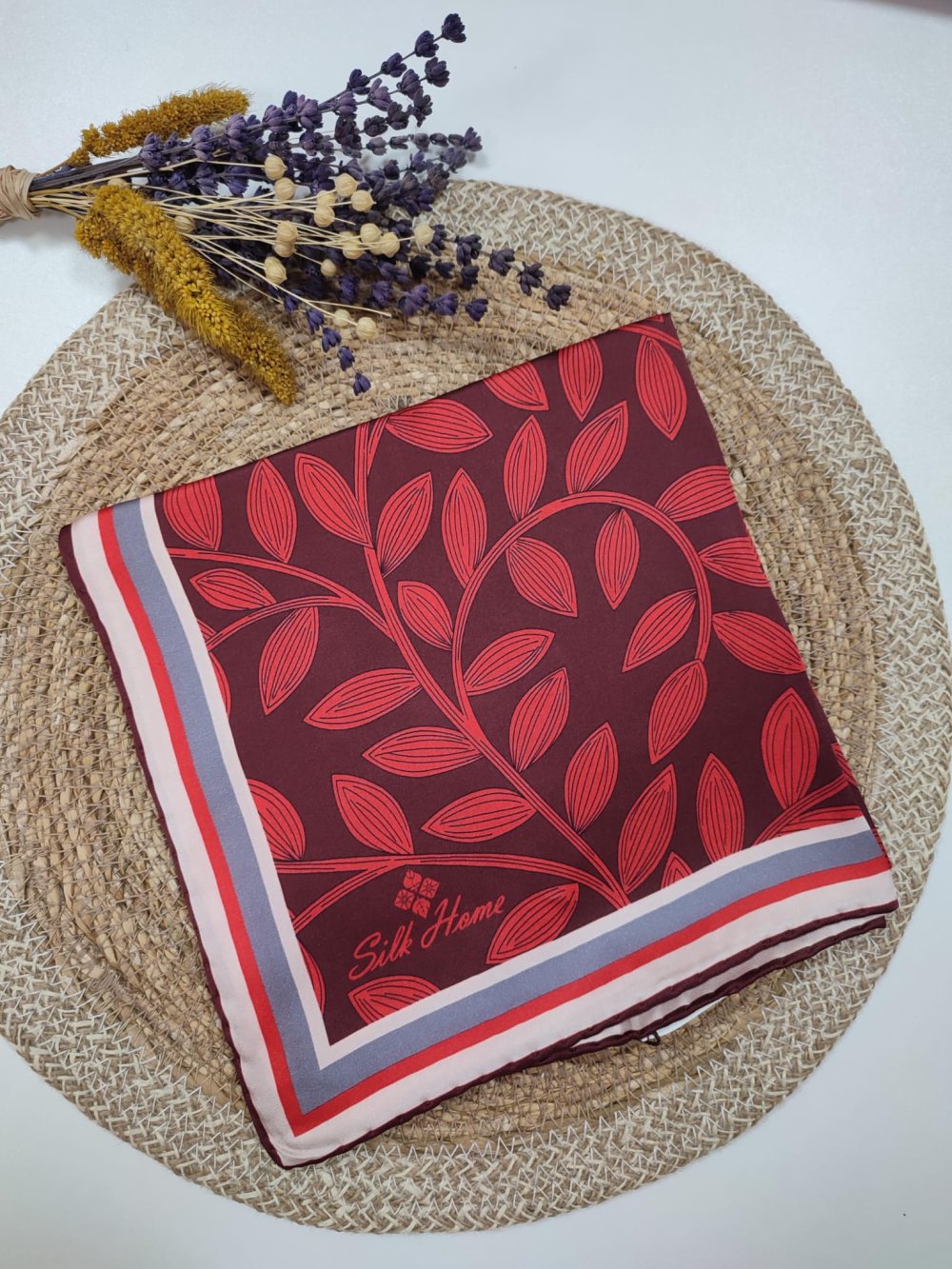 Silk Home Yaprak Desen Saf İpek Eşarp Tatlı Bordo