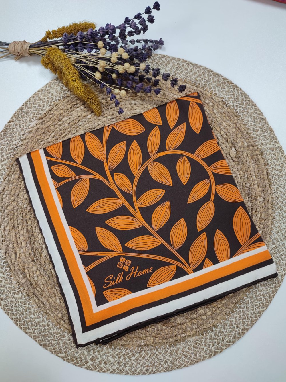 Silk Home Yaprak Desen Saf İpek Eşarp Turuncu