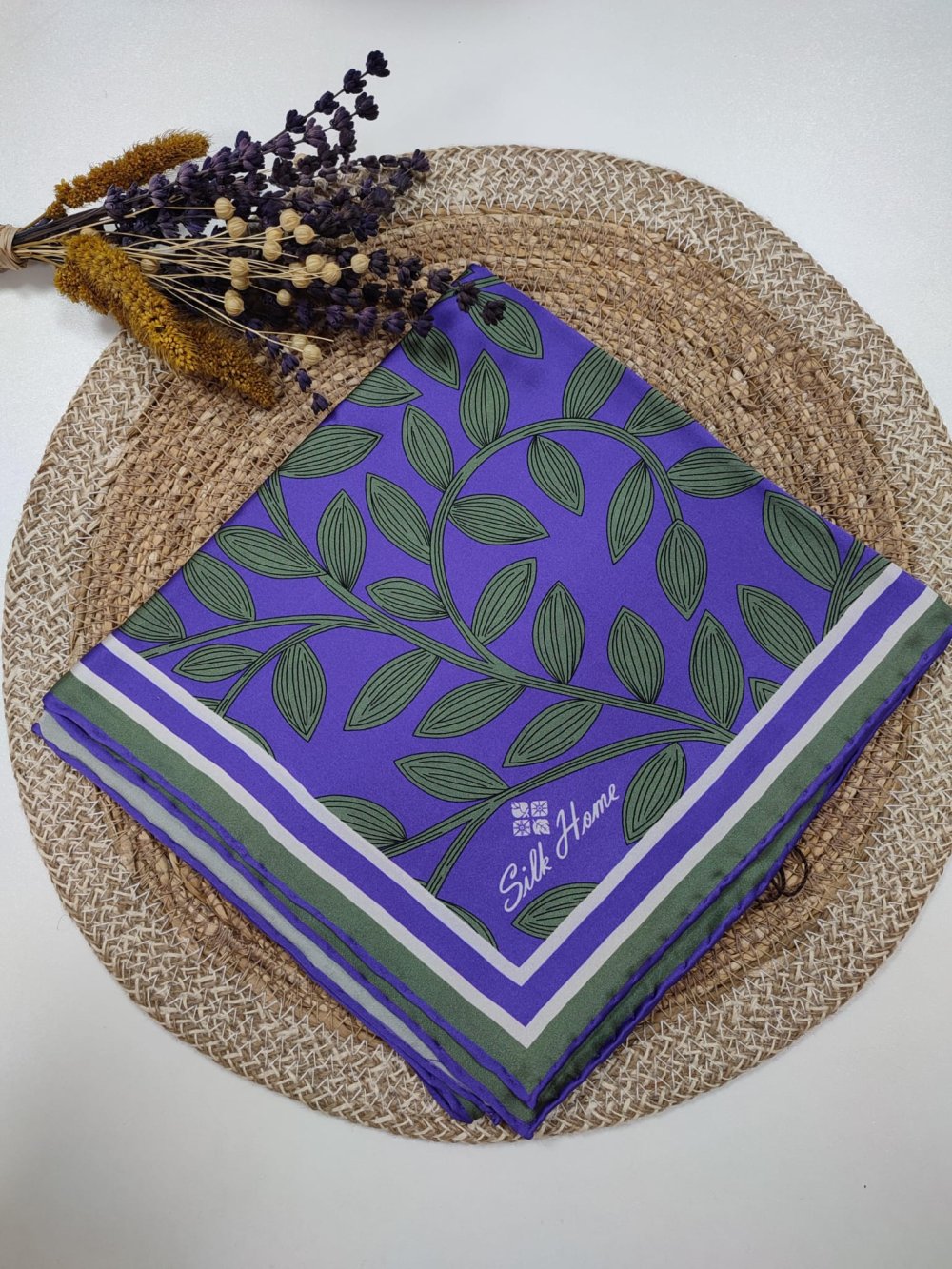 Silk Home Yaprak Desen Saf İpek Eşarp Koyu Lila