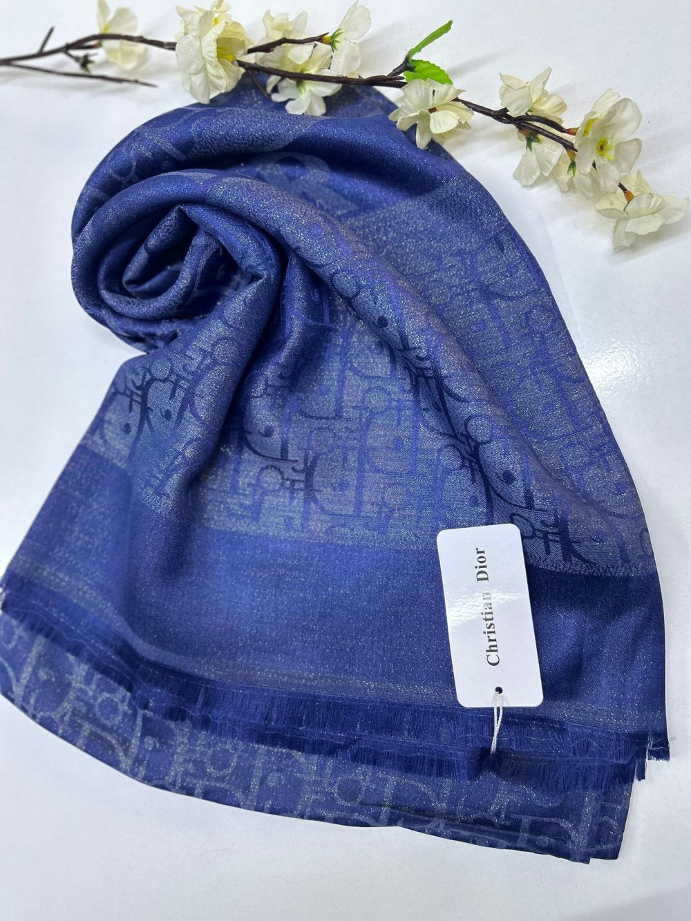 Simli DIOR Kaşmir İpek Şal Saks Mavisi