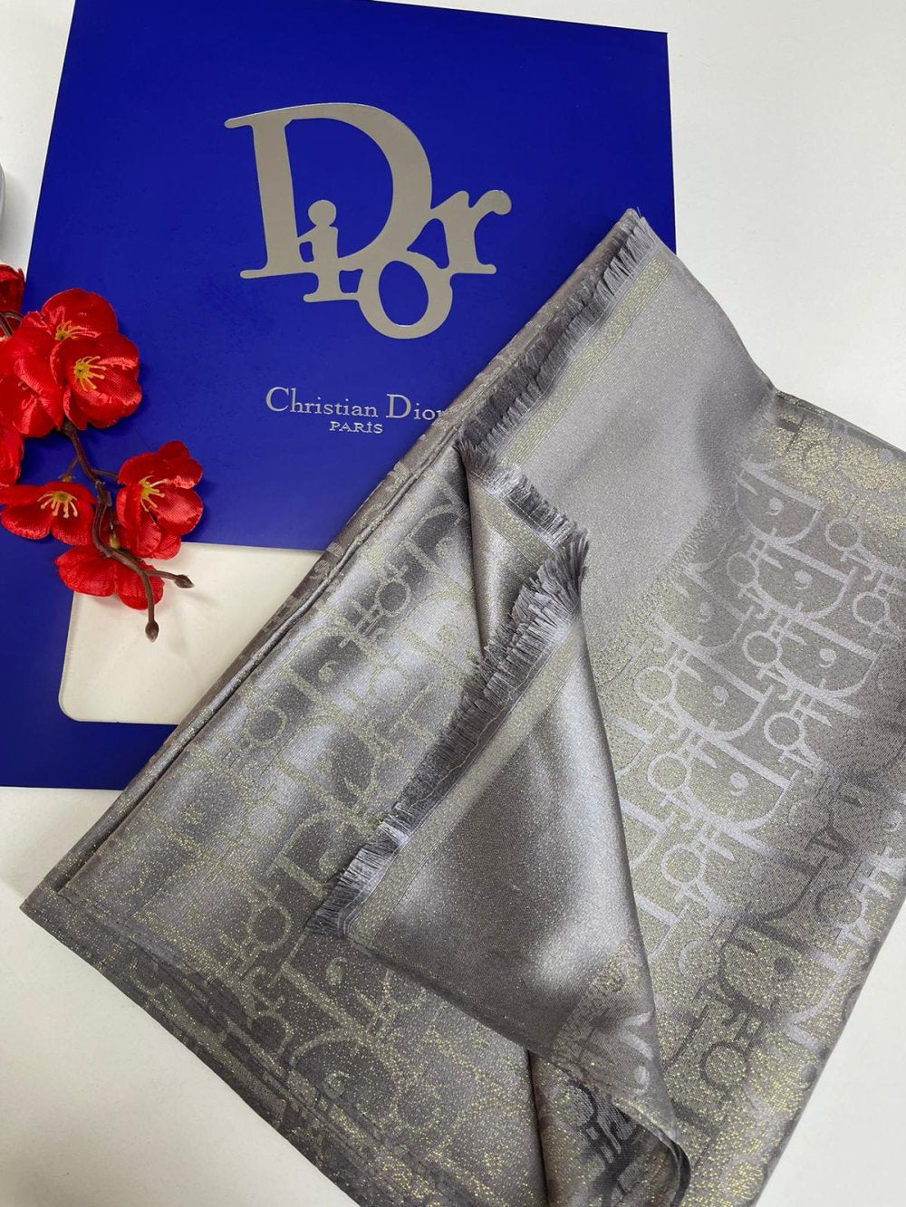 Simli DIOR Kaşmir İpek Şal Gümüş