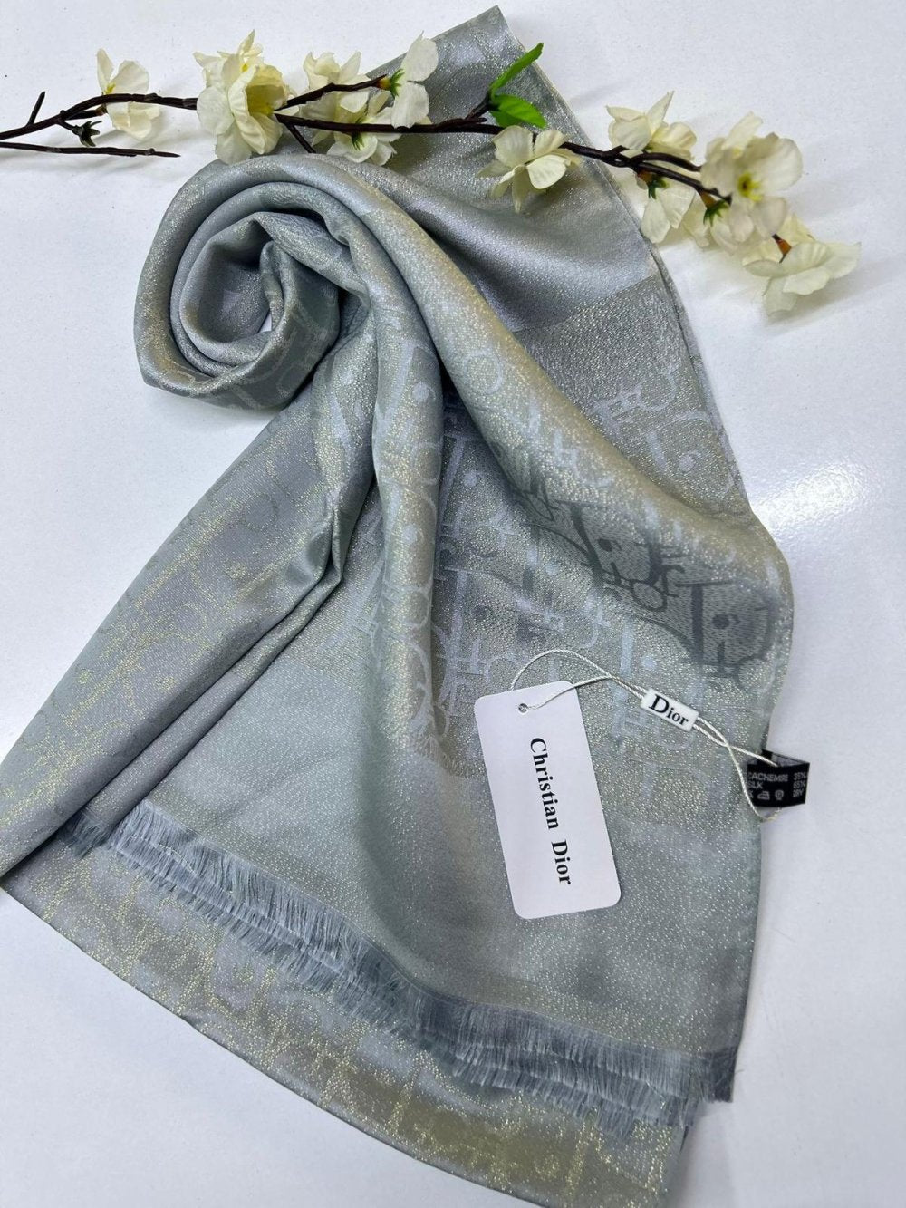 Simli DIOR Kaşmir İpek Şal Gümüş