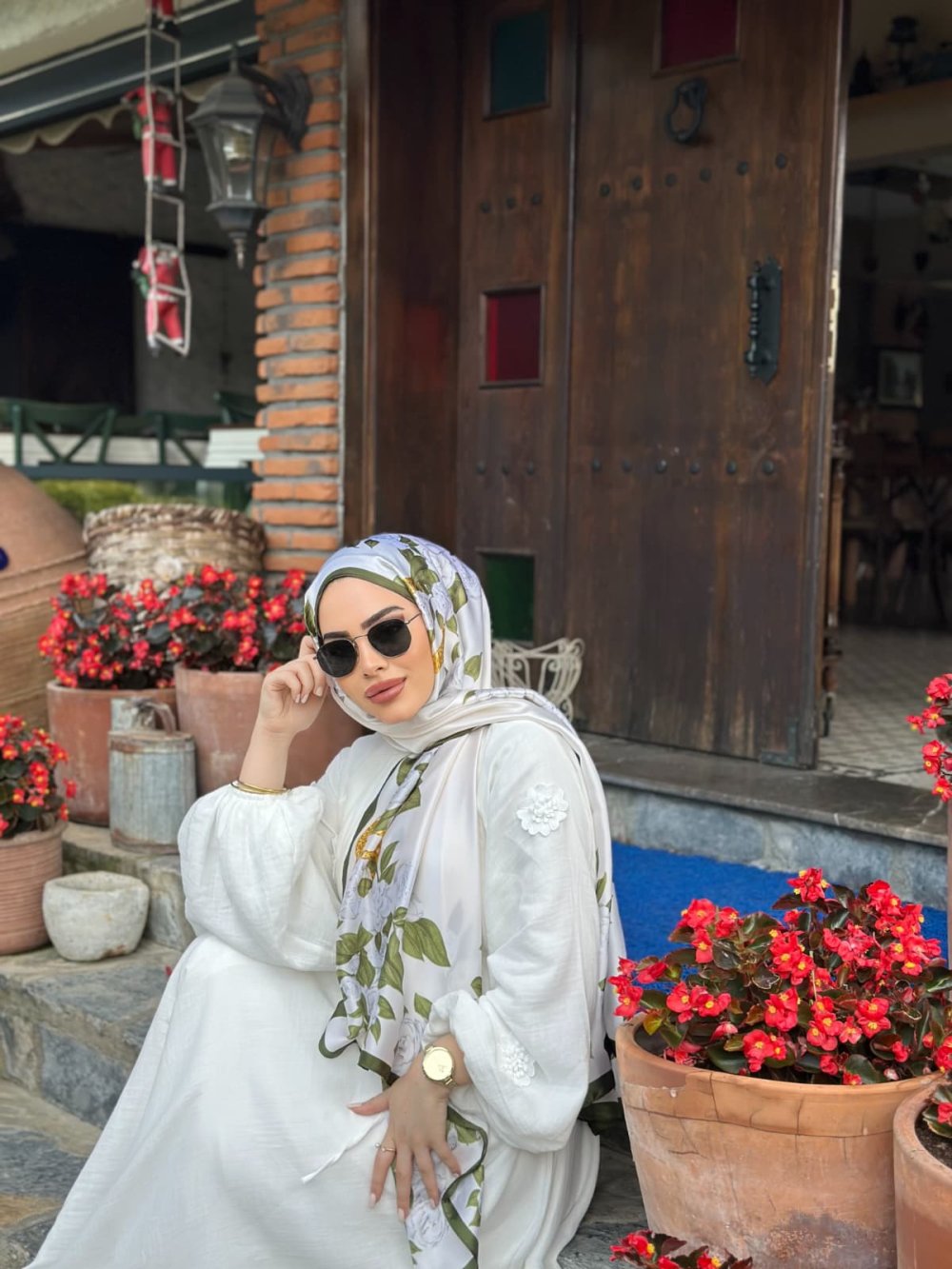 Vual İpek Şal Çiçek Desen Koyu Yeşil