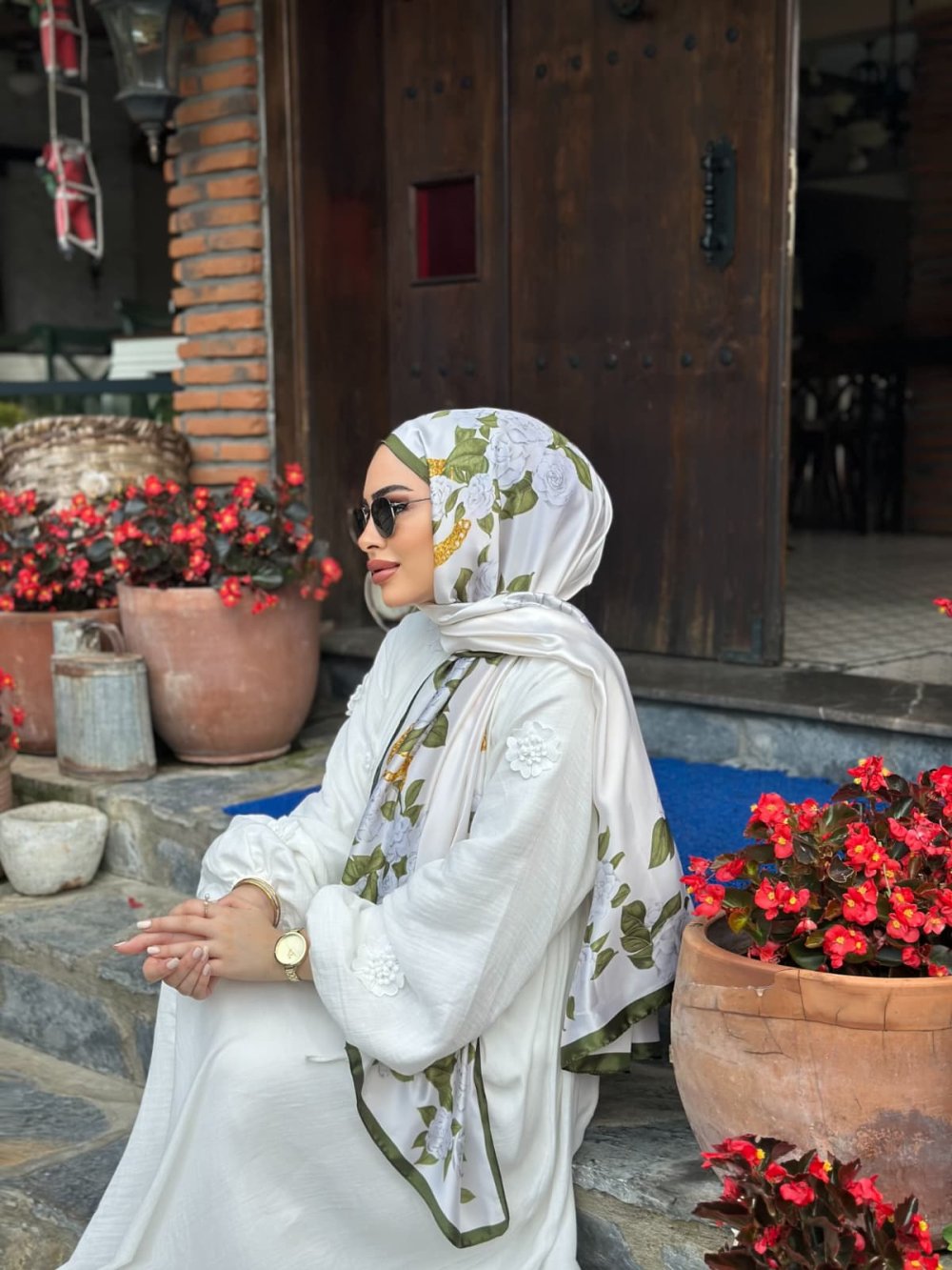 Vual İpek Şal Çiçek Desen Koyu Yeşil