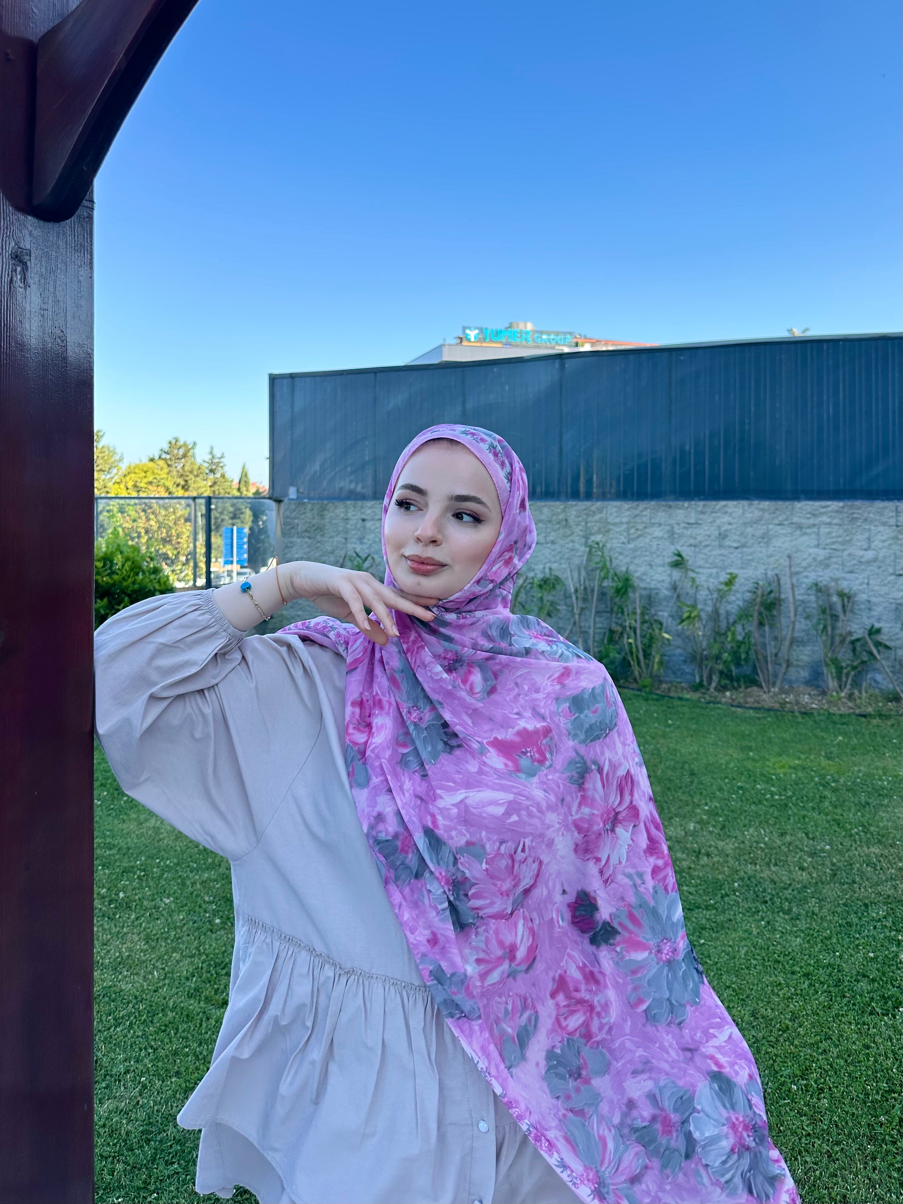 Floransa Krep Şifon Şal Pembe Gri