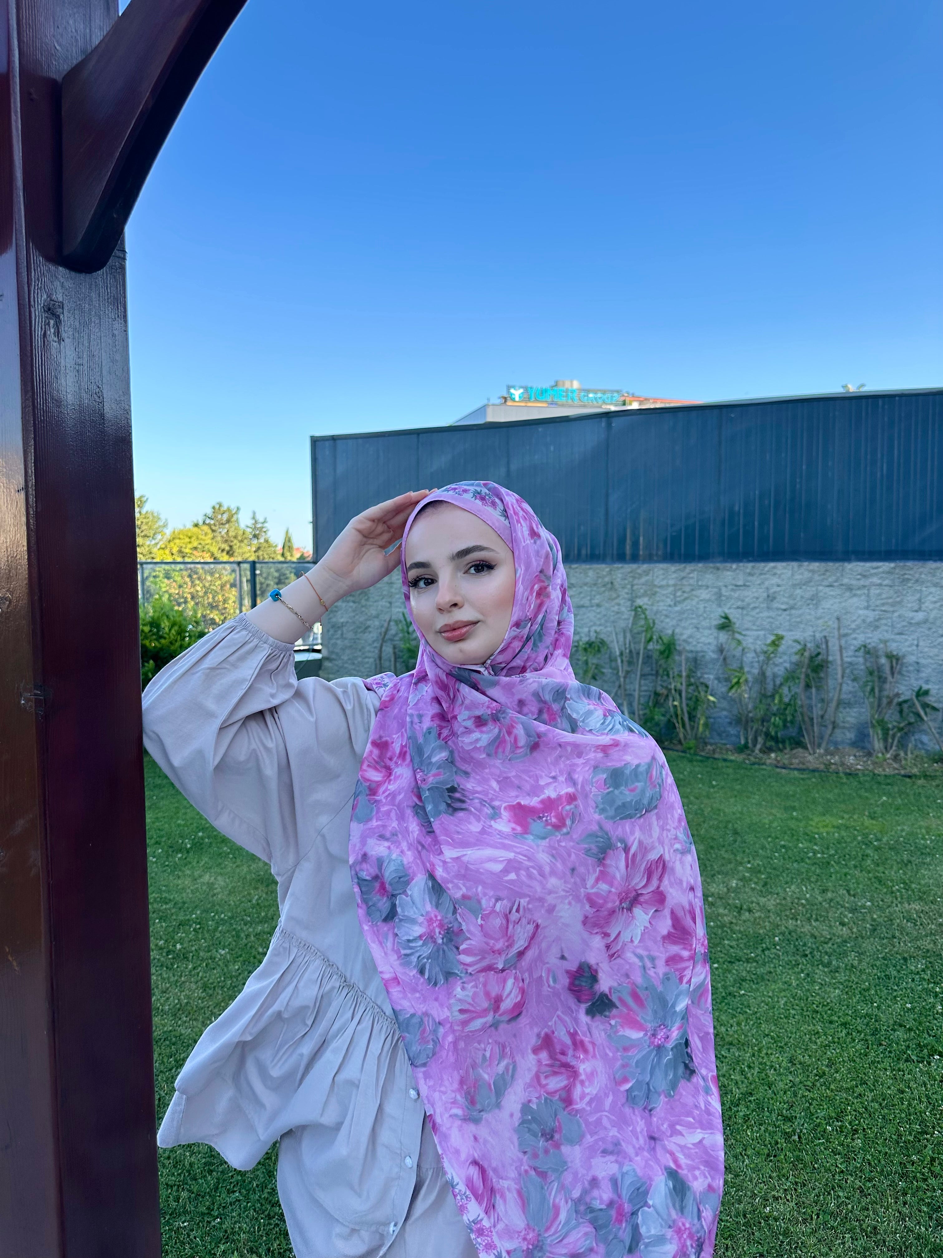 Floransa Krep Şifon Şal Pembe Gri