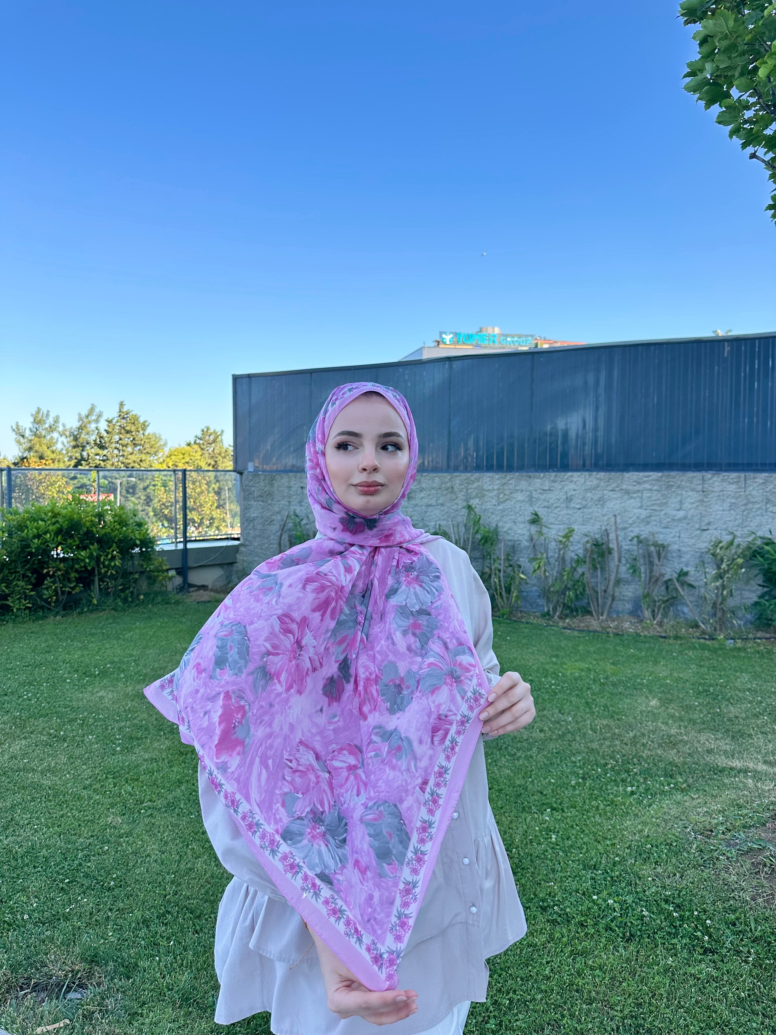 Floransa Krep Şifon Şal Pembe Gri