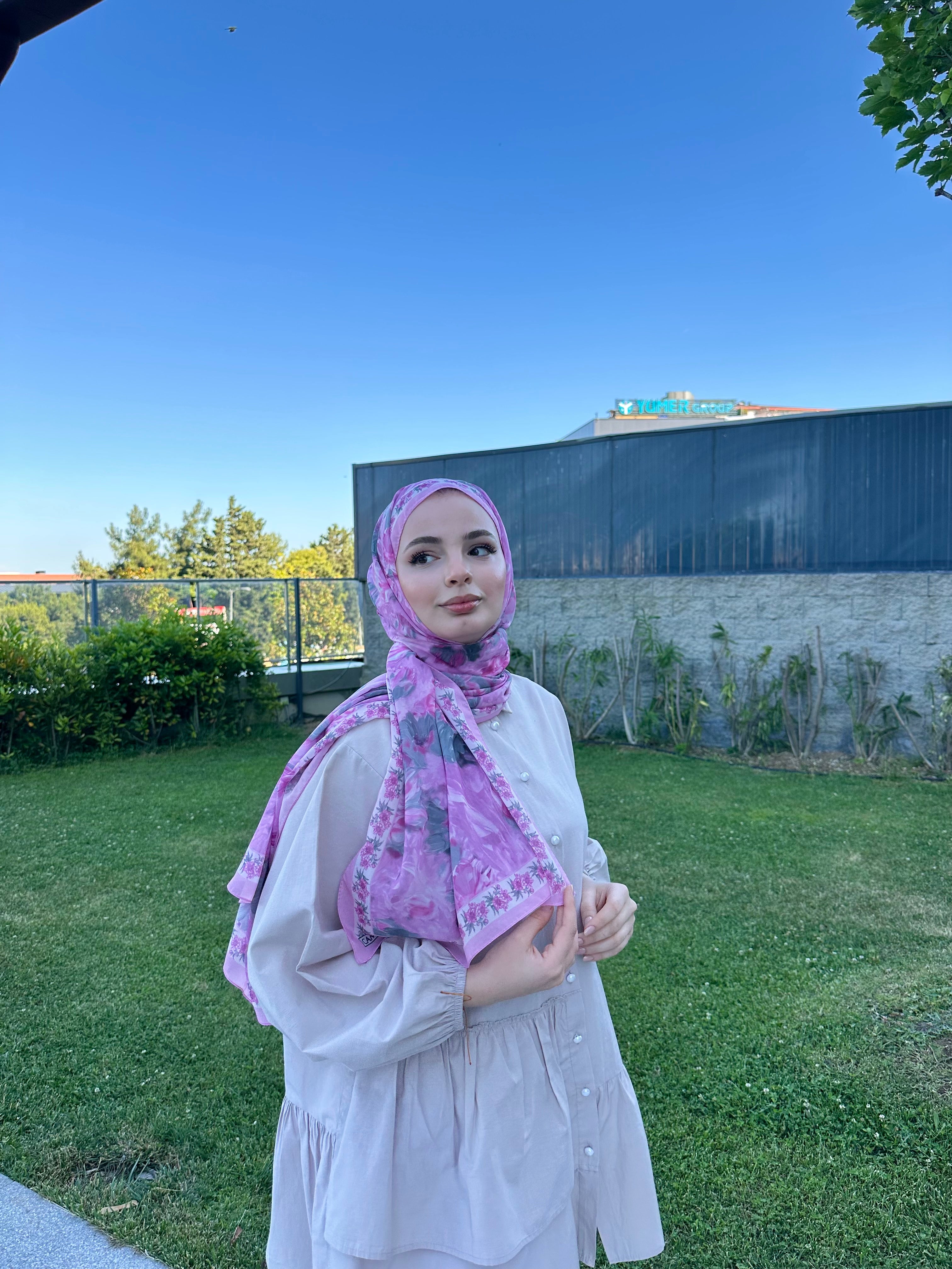 Floransa Krep Şifon Şal Pembe Gri