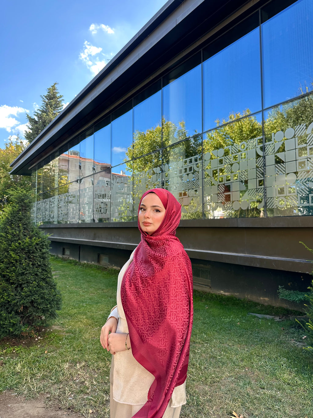 İthal Simli  Kaşmir İpek Şal Nar