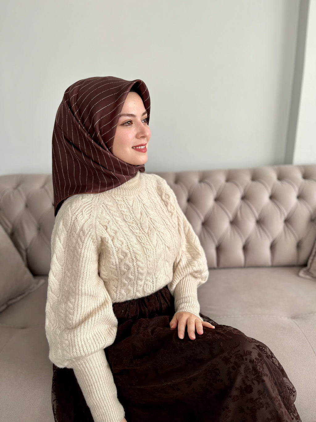 Belli Nostalji Twill İpek Eşarp Acı Kahve