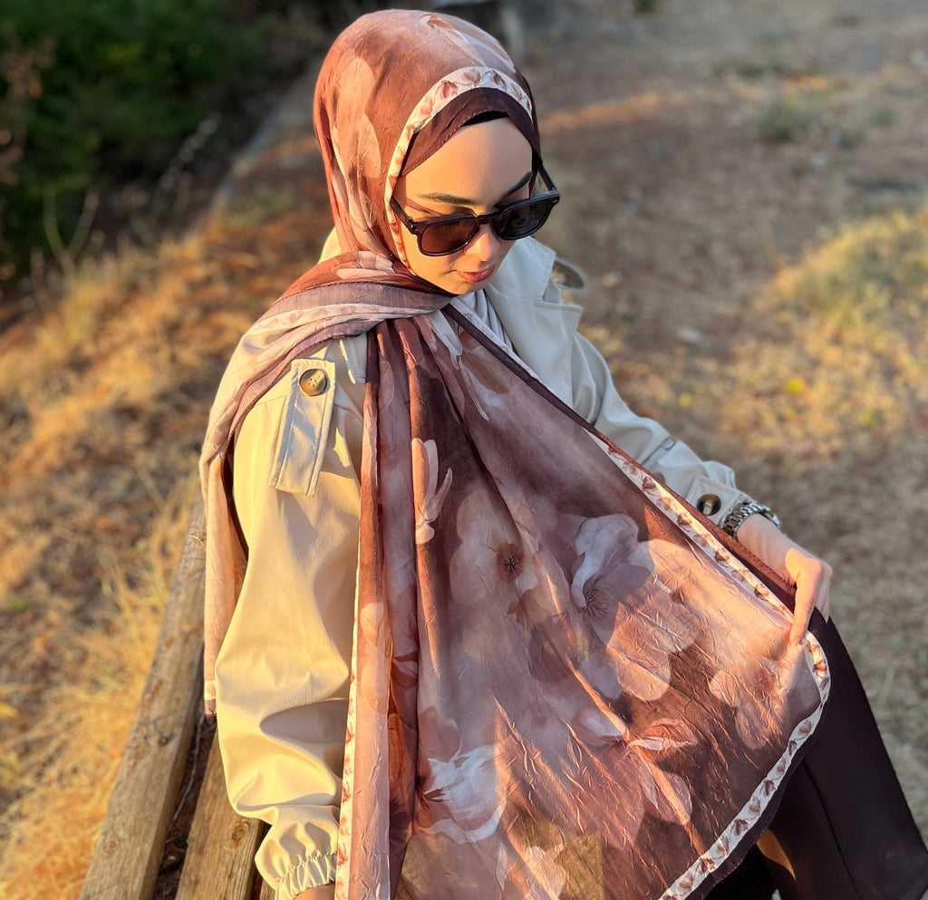 PEONY Desenli Kraş Şal Sütlü Kahve