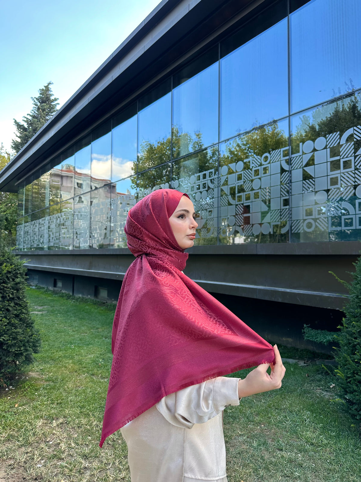 İthal Simli  Kaşmir İpek Şal Nar