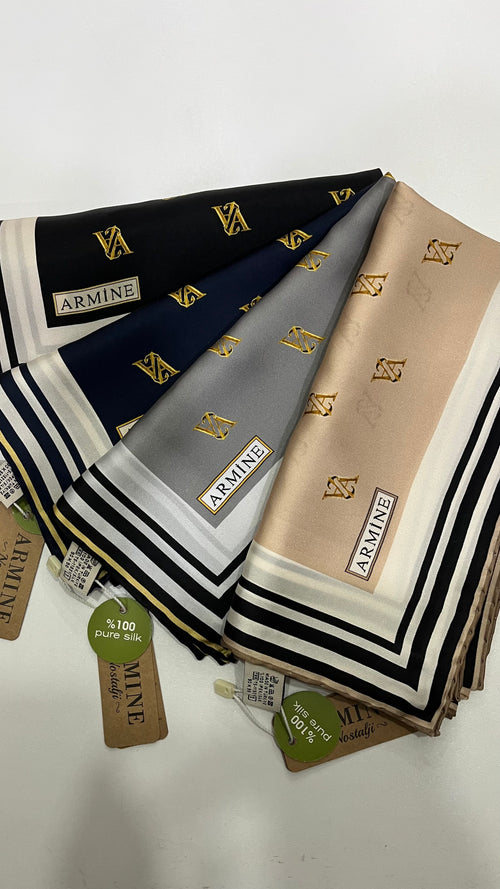 Armine Nostalji Saf İpek Eşarp Logo Gold