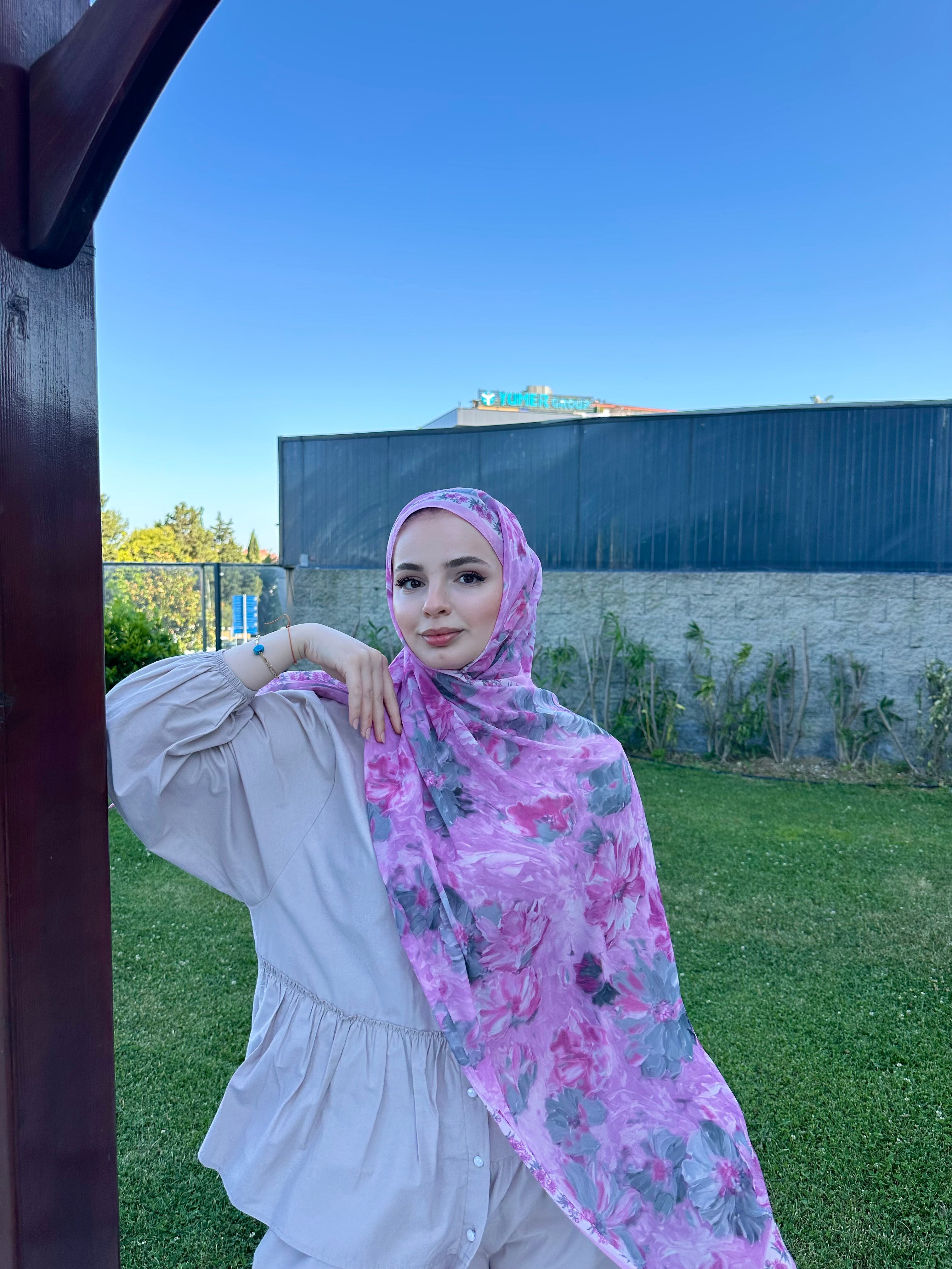 Floransa Krep Şifon Şal Pembe Gri