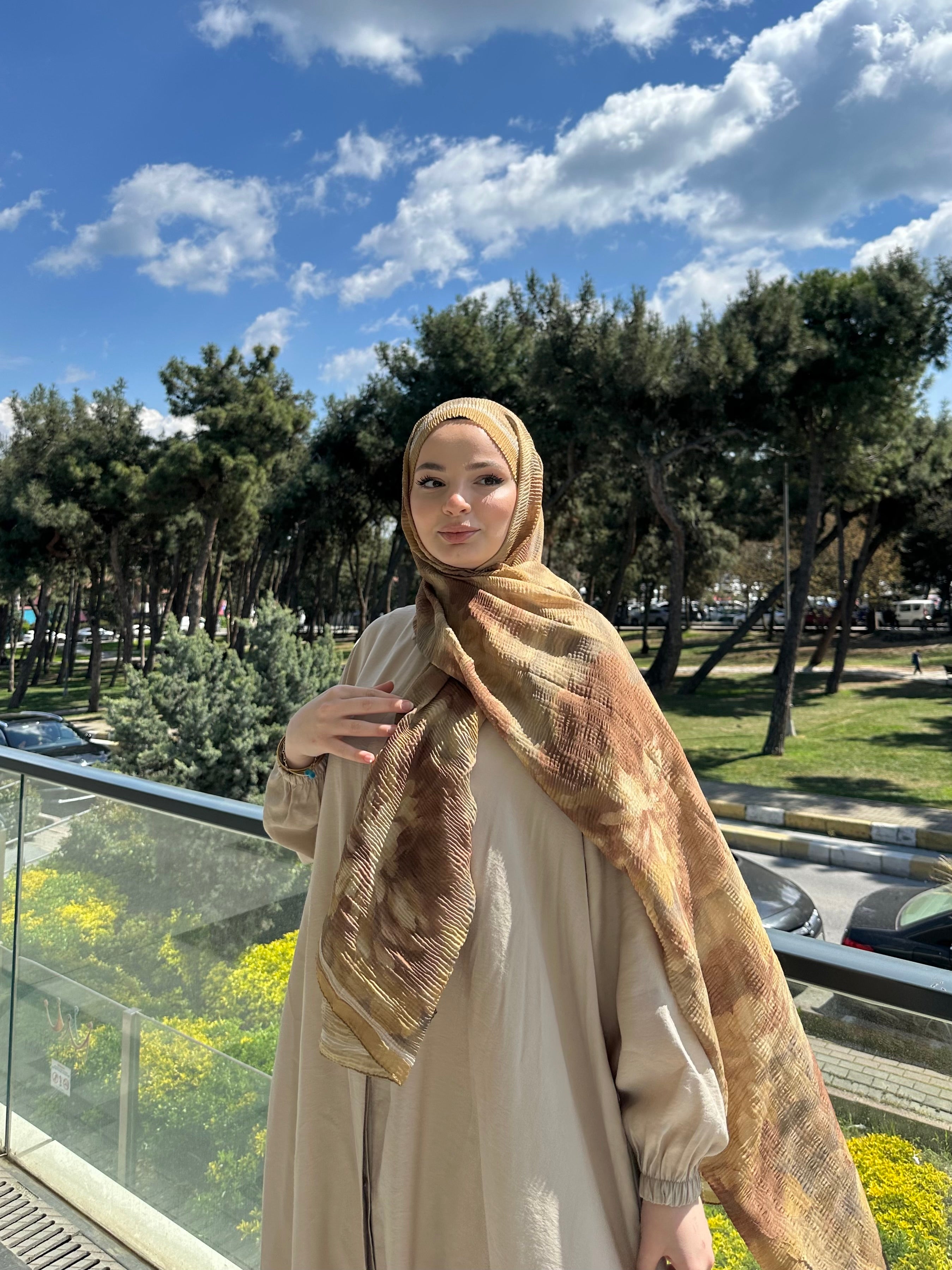 Bloom Desen Müslin Şal Karamel