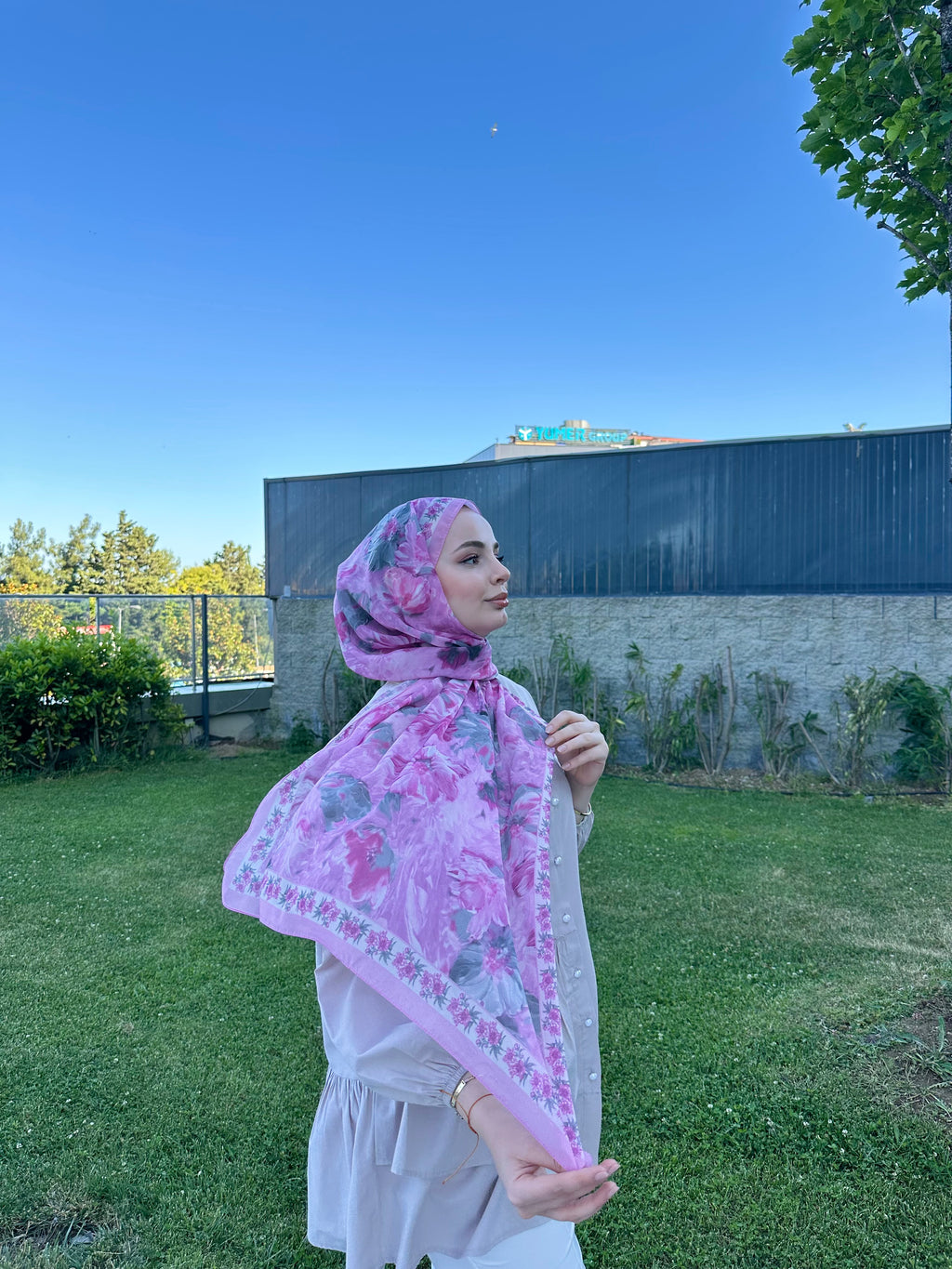 Floransa Krep Şifon Şal Pembe Gri