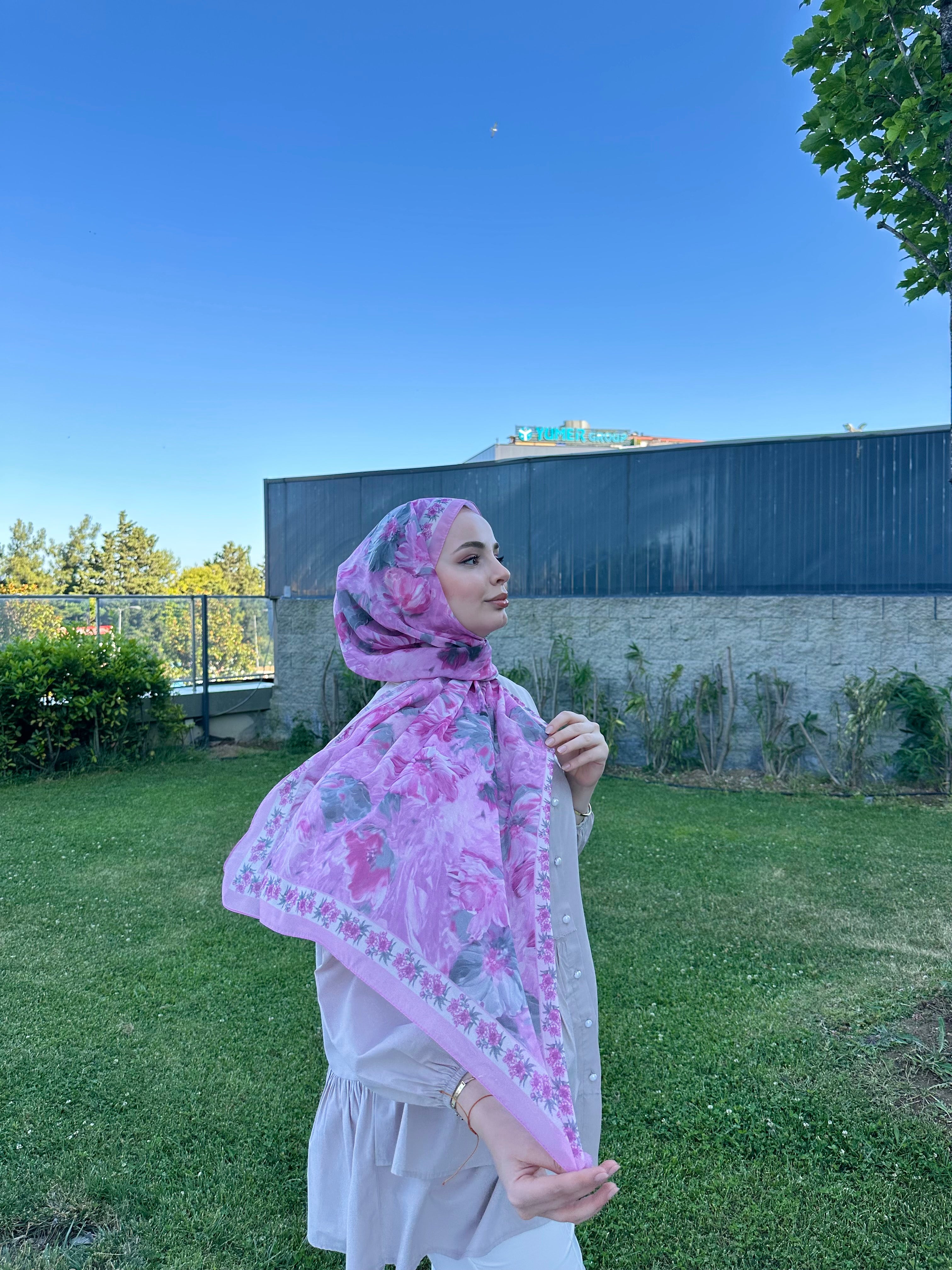 Floransa Krep Şifon Şal Pembe Gri