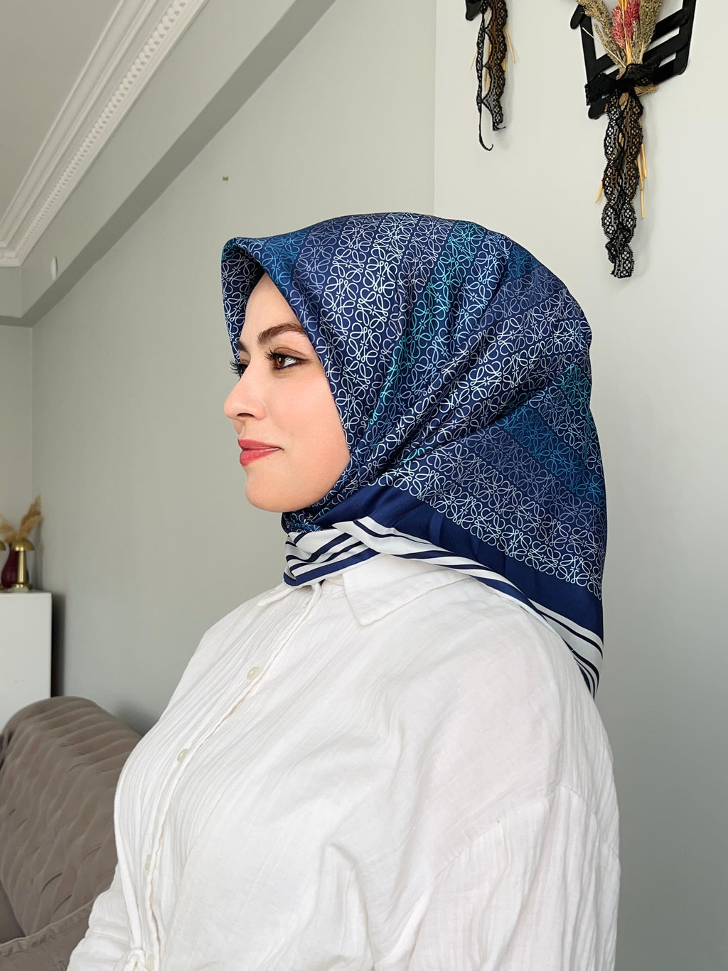 İthal Twill İpek Eşarp Lacivert-Kot Mavi