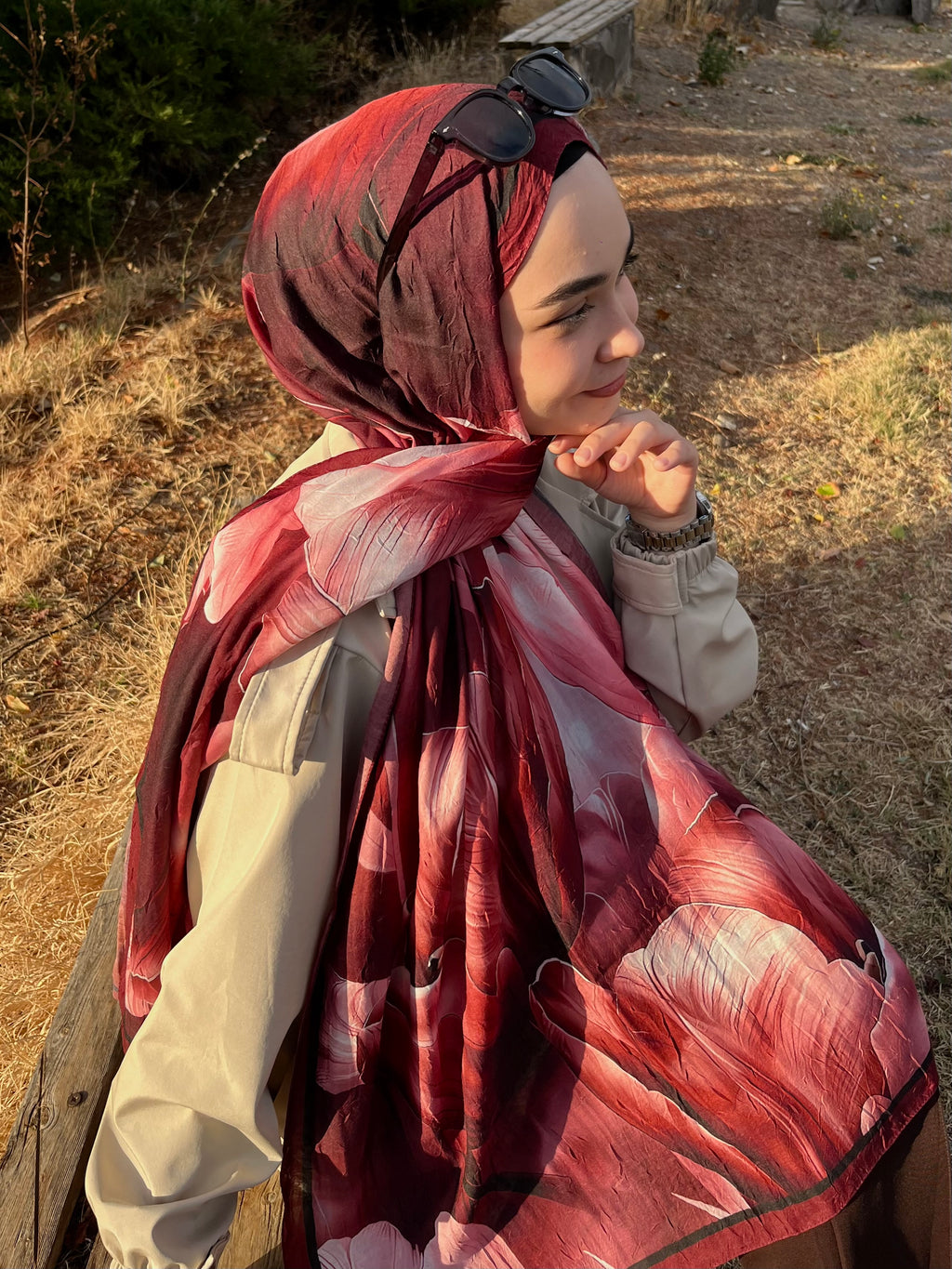 Lale Desenli Kraş Şal Vişne-Bordo