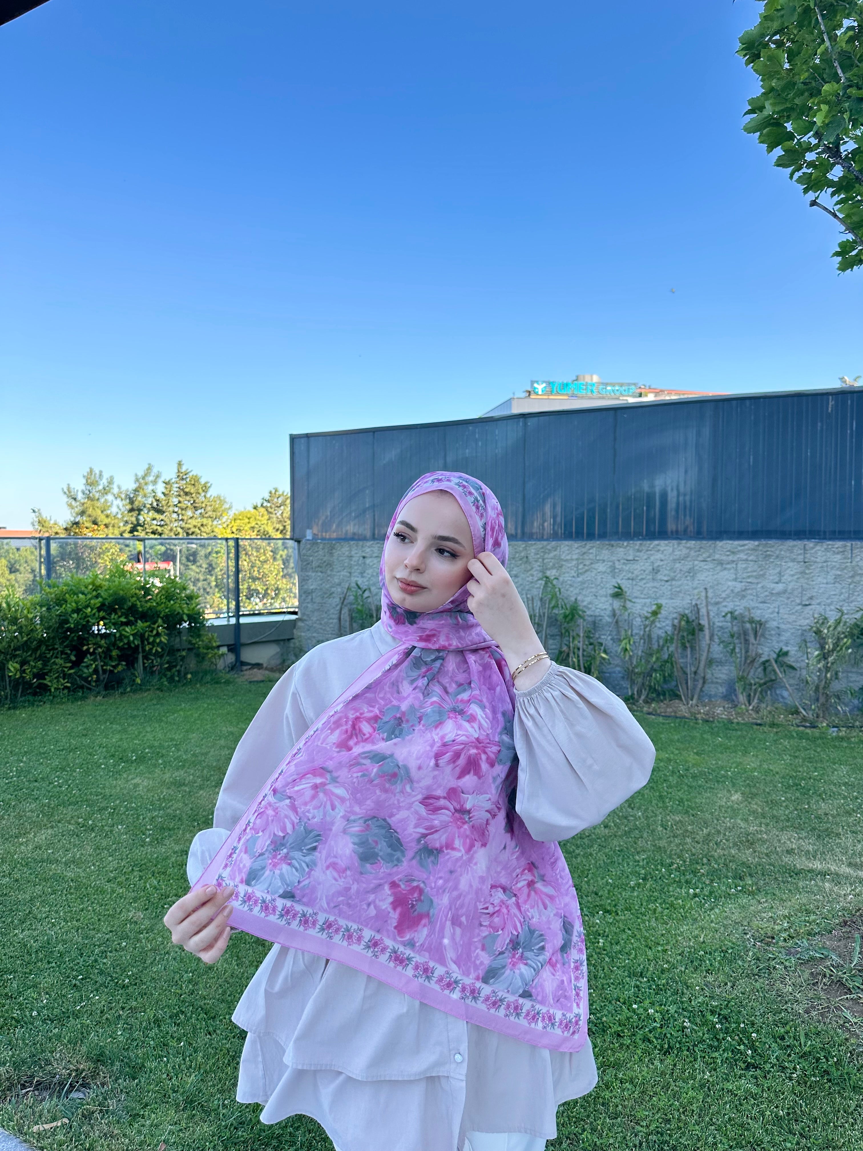 Floransa Krep Şifon Şal Pembe Gri