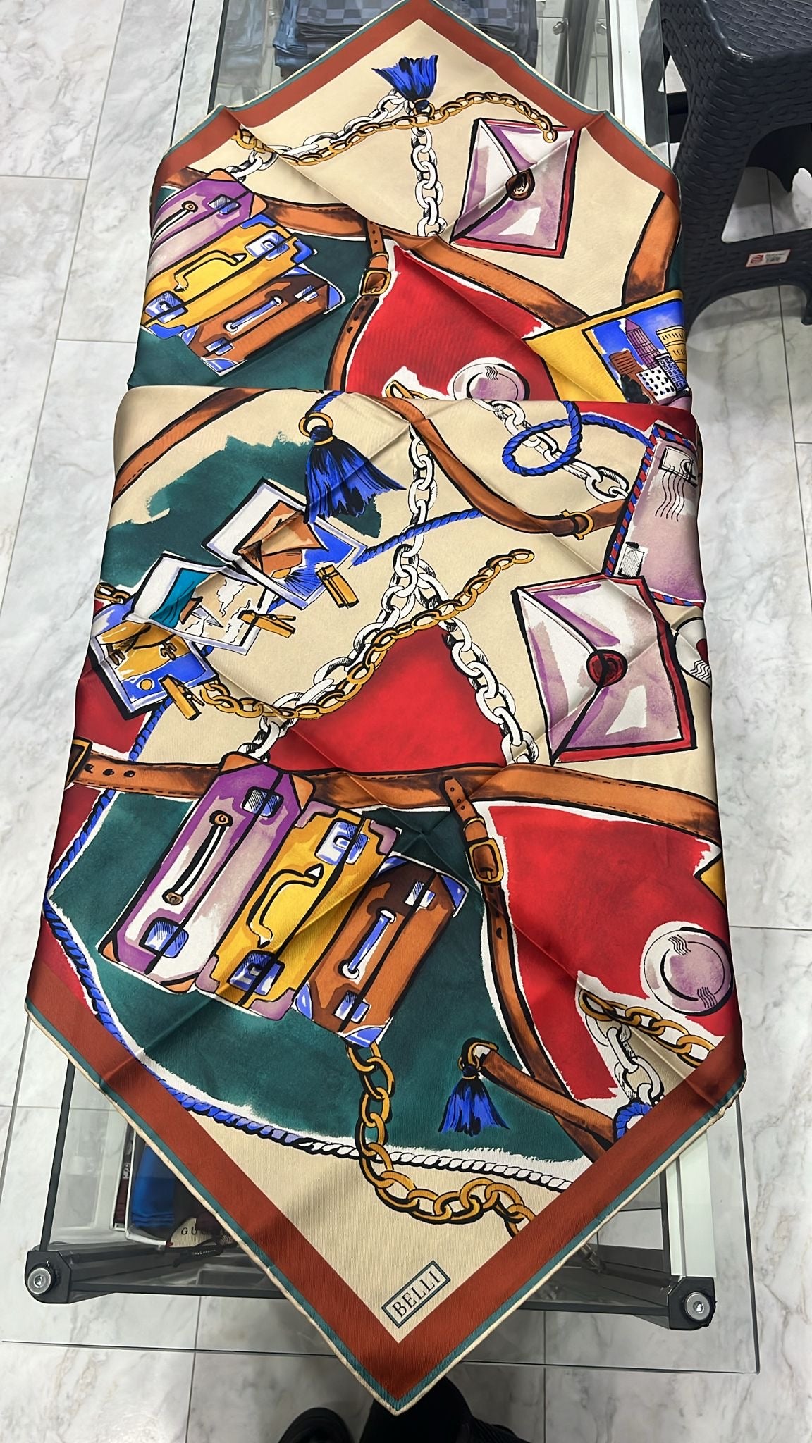 BELLI '25 Kış Sezonu Twill İpek Eşarp Yeşil-Nar