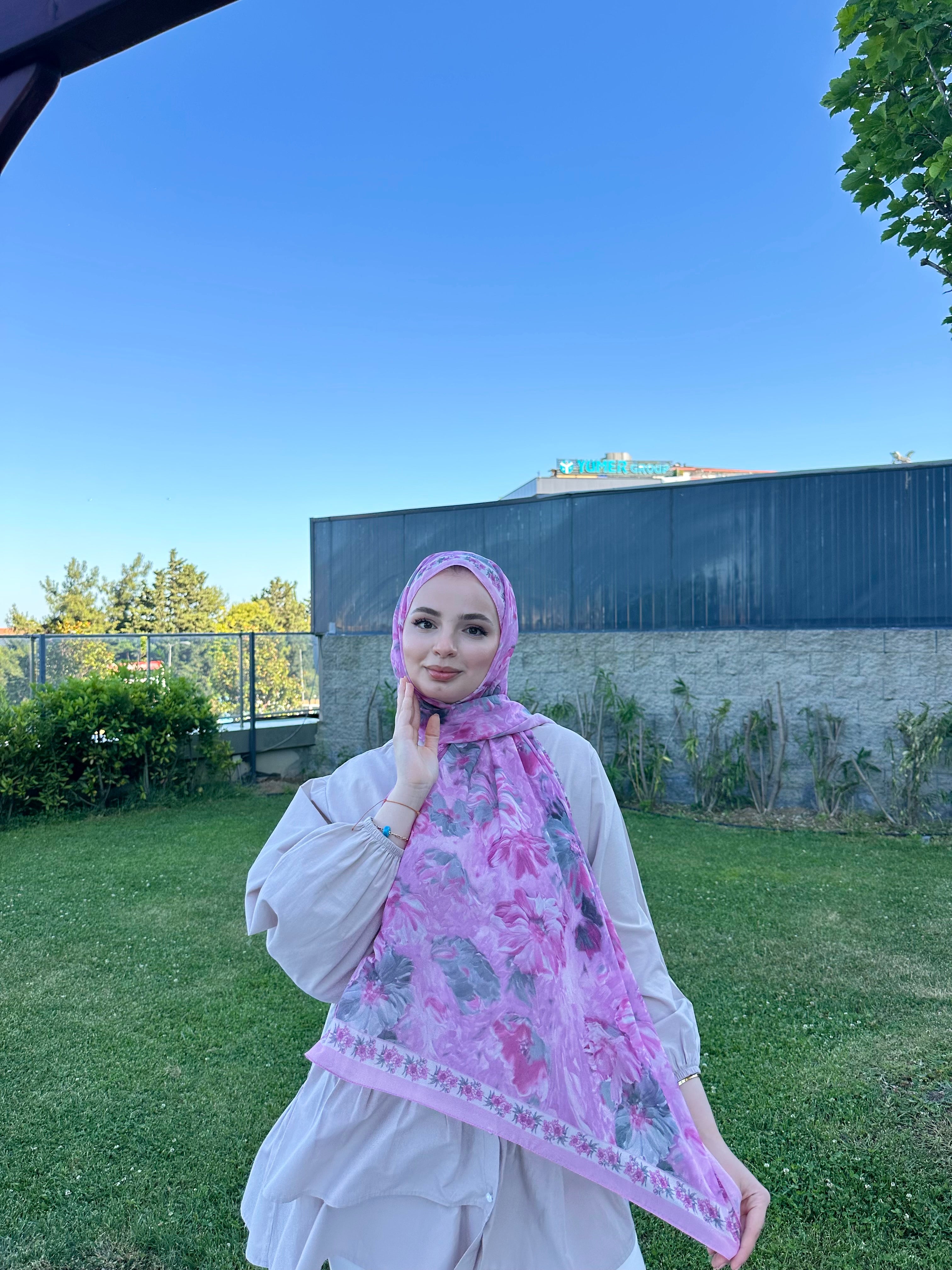 Floransa Krep Şifon Şal Pembe Gri