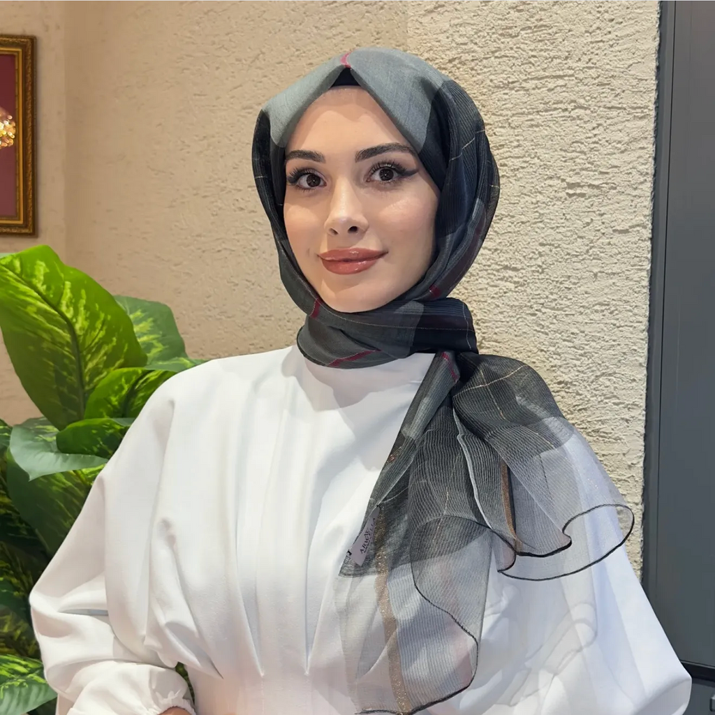 İthal Ekose Degrade Simli Şal Gümüş