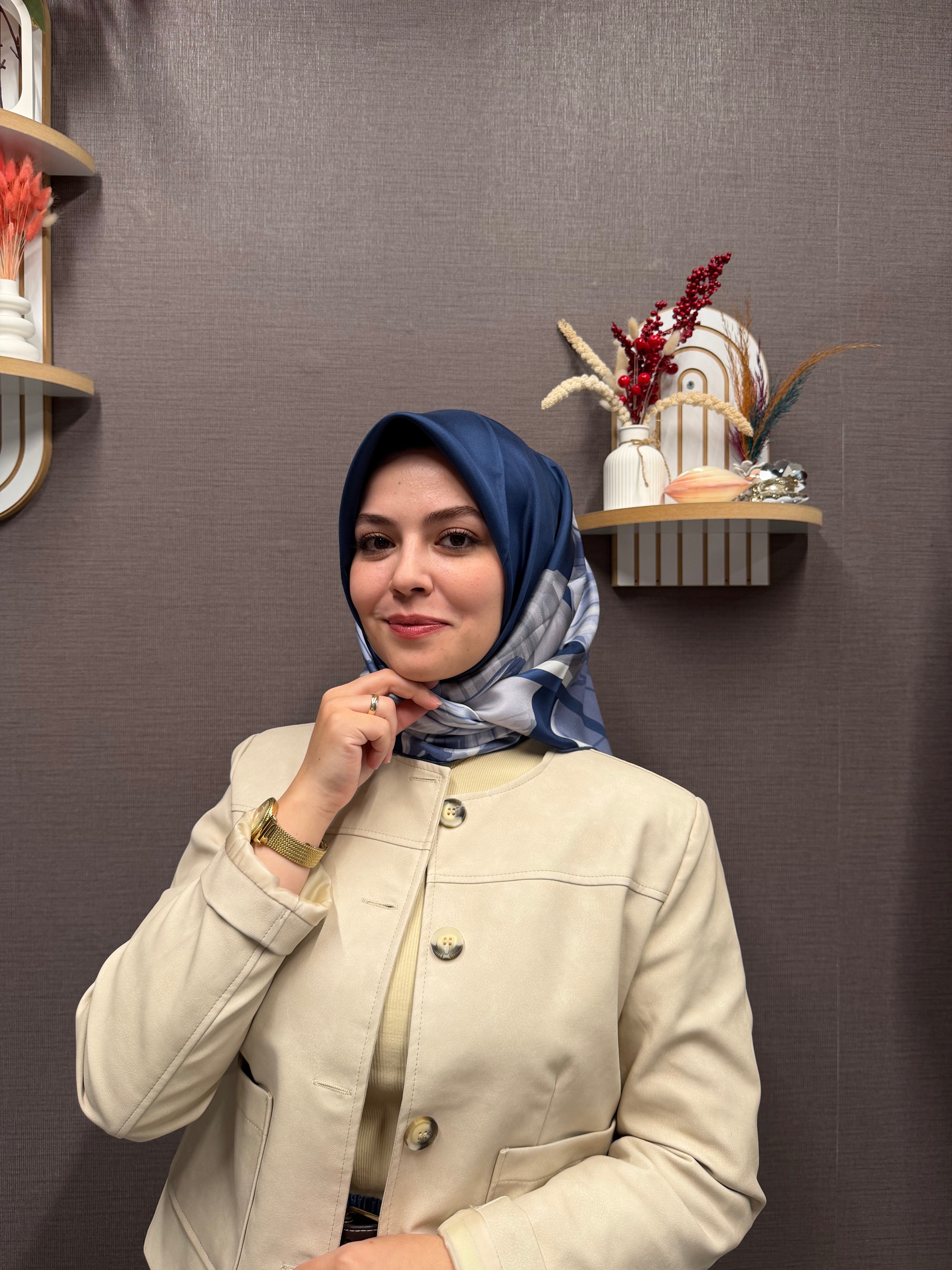 Pablio Ferre'27 Kış Twill İpek Yaprak Desen Lacivert