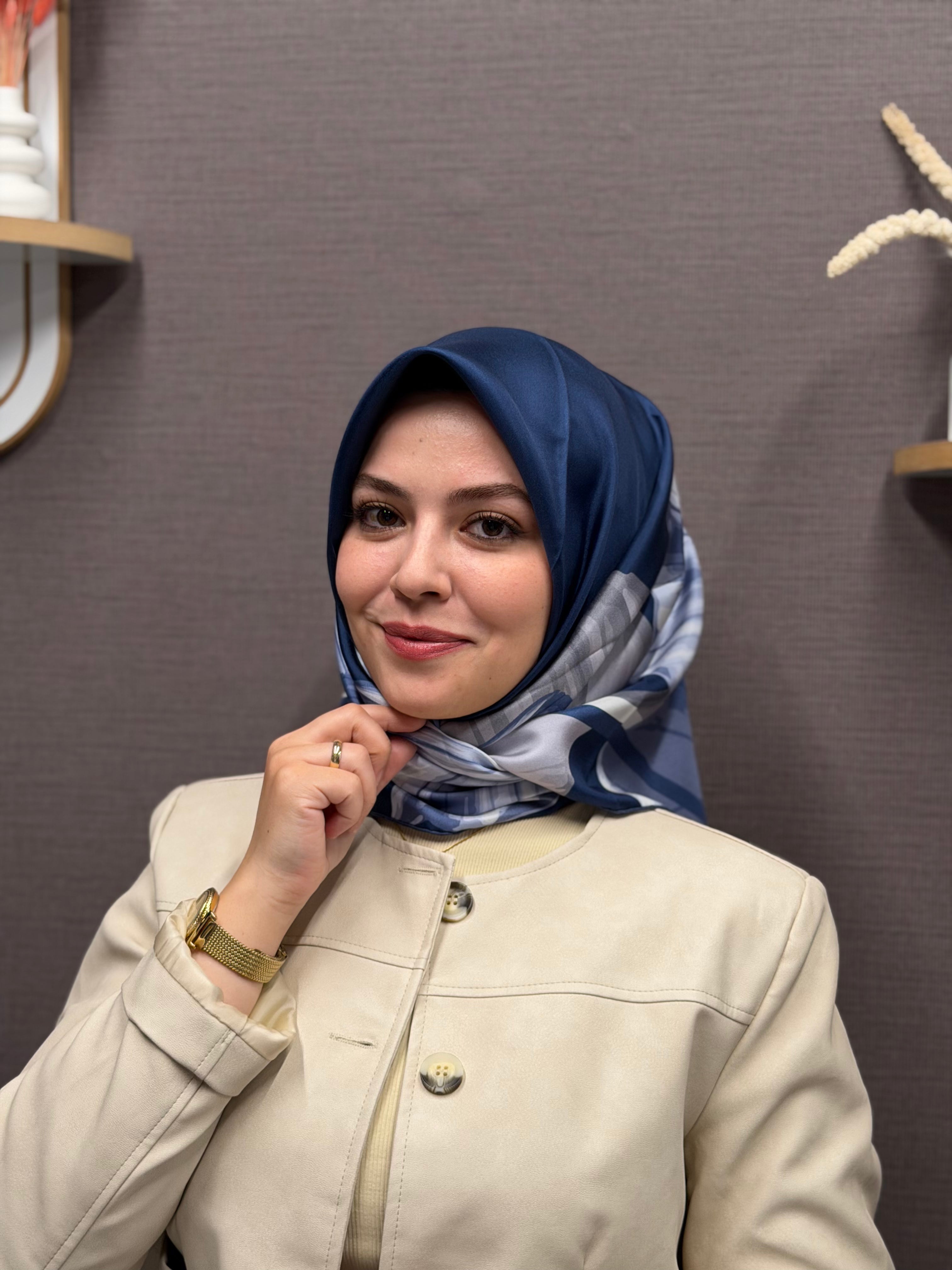 Pablio Ferre'27 Kış Twill İpek Yaprak Desen Lacivert
