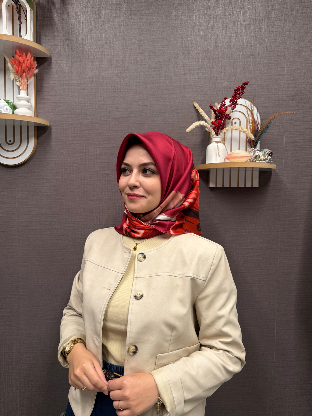 Pablio Ferre'27 Kış Twill İpek Yaprak Desen Vişne