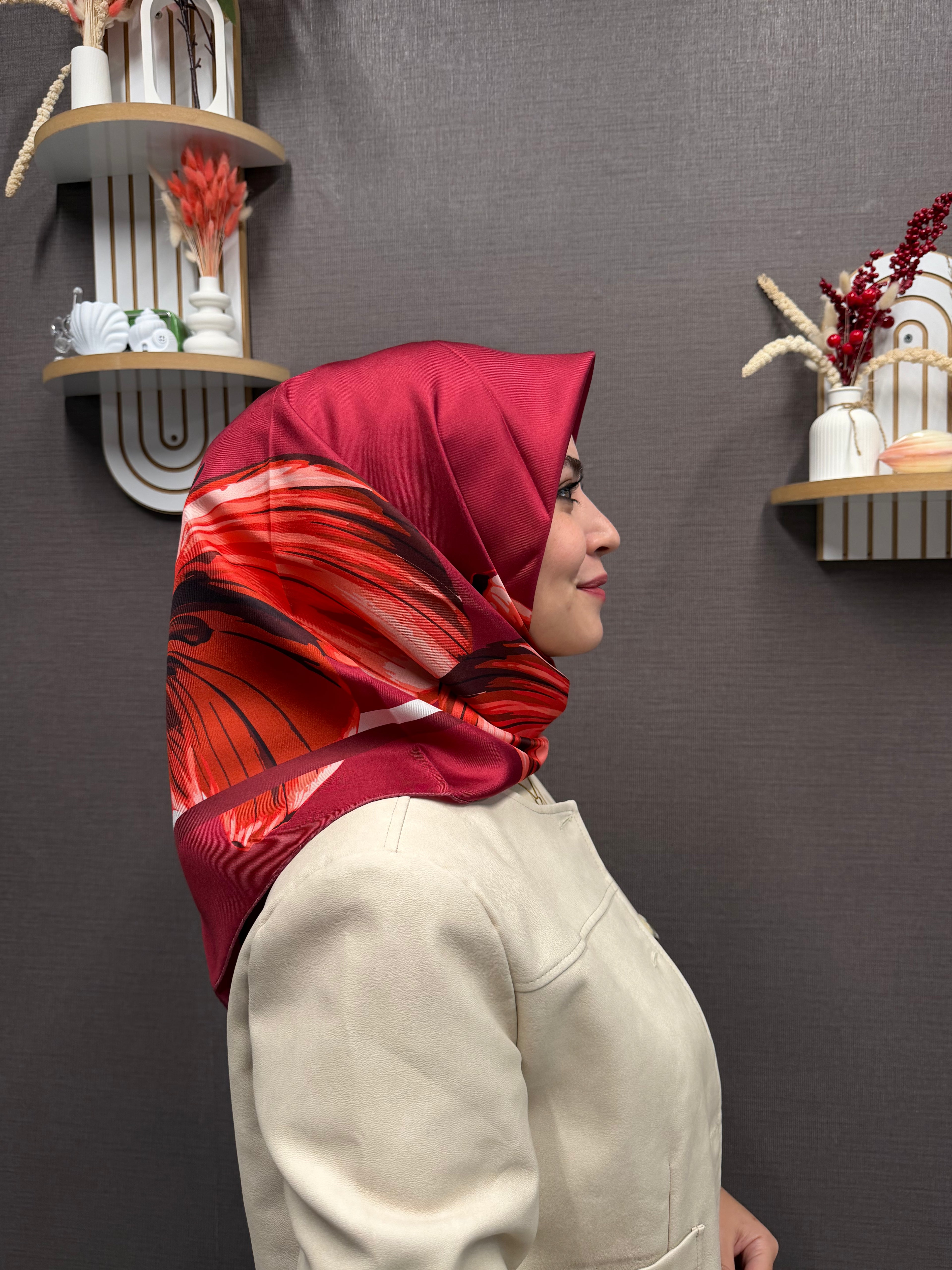 Pablio Ferre'27 Kış Twill İpek Yaprak Desen Vişne