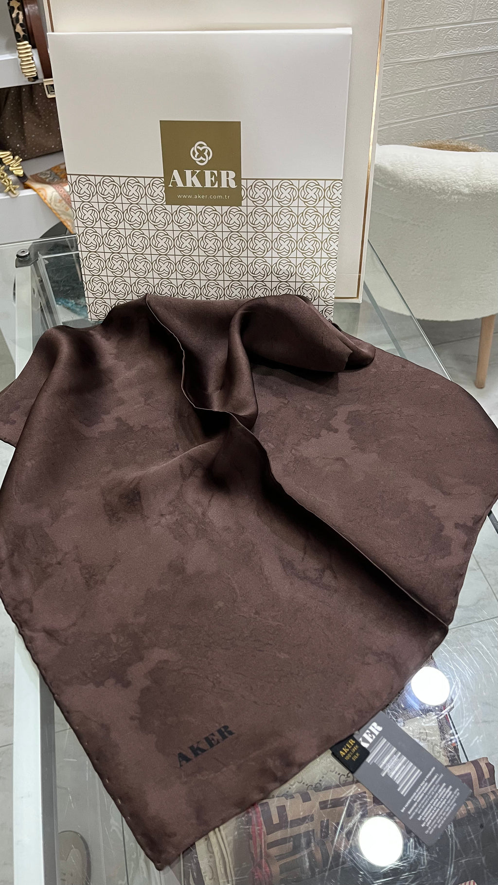 Aker Sura İpek Eşarp Bulut Desen Kahve