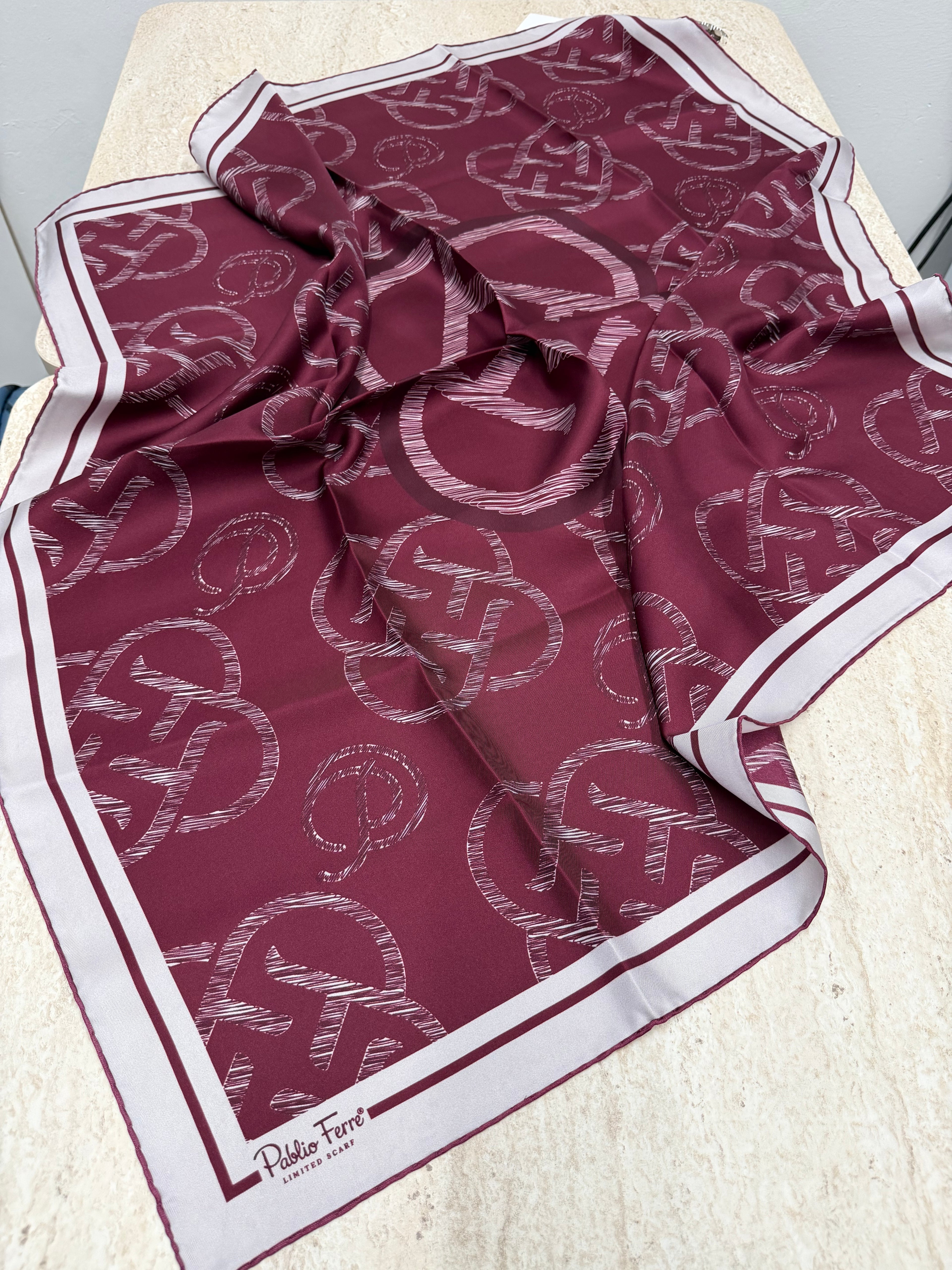 Pablio Ferre'27 Kış Twill İpek Logo Desen Bordo