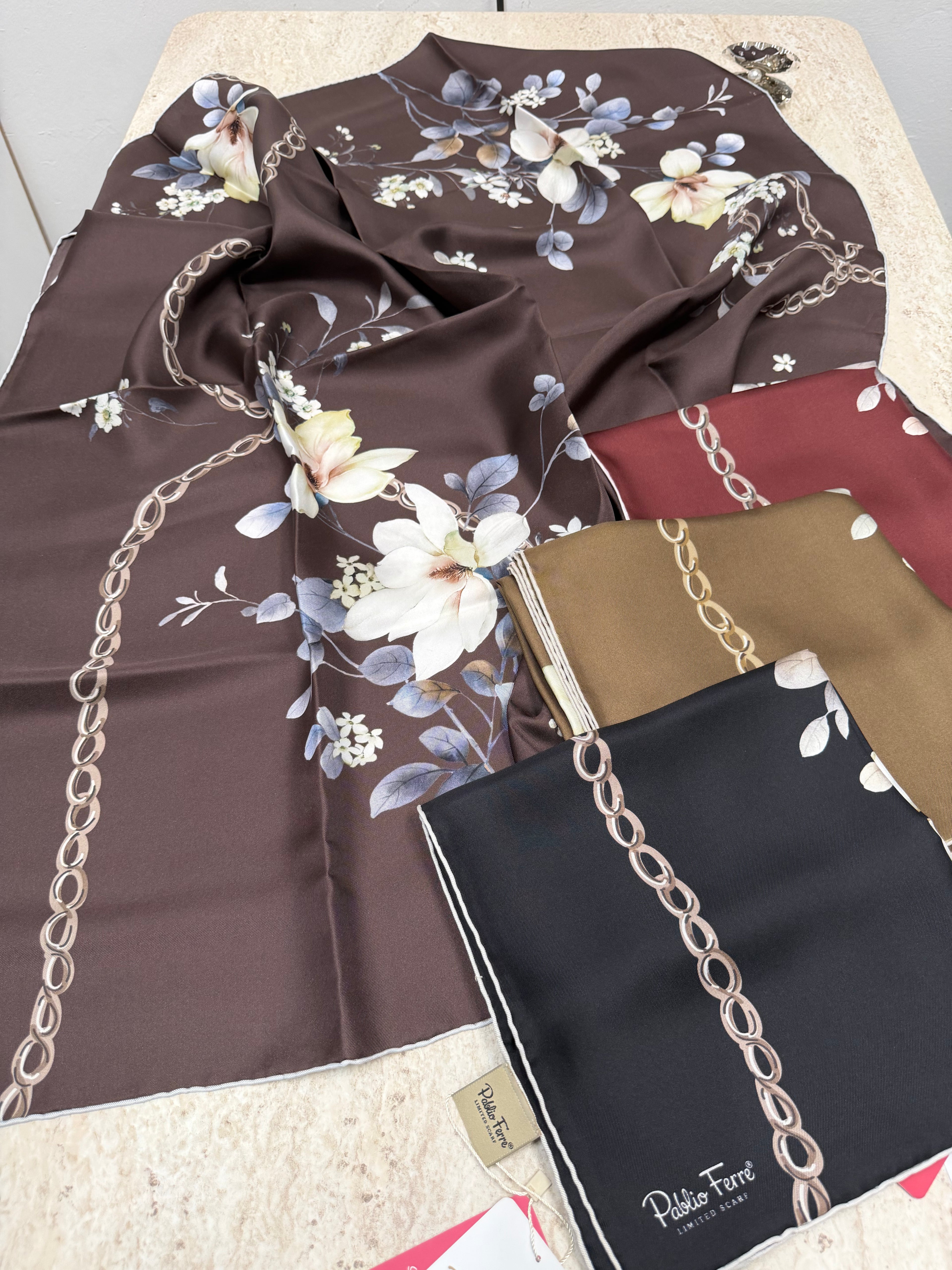Pablio Ferre'27 Kış Twill İpek Çiçek Koyu Bordo