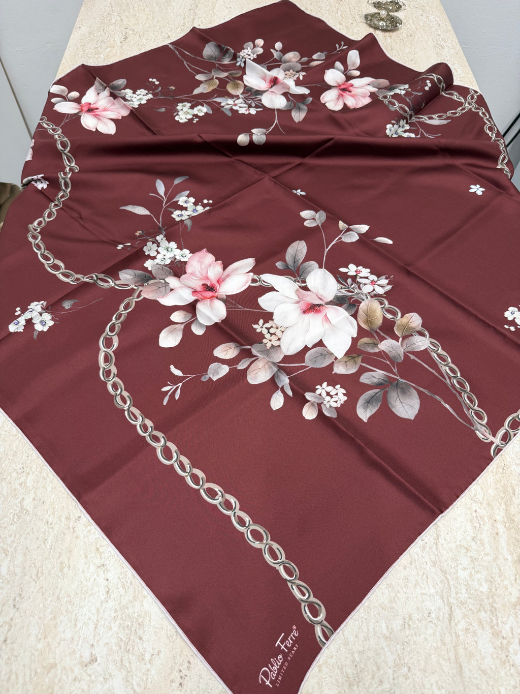 Pablio Ferre'27 Kış Twill İpek Çiçek Koyu Bordo