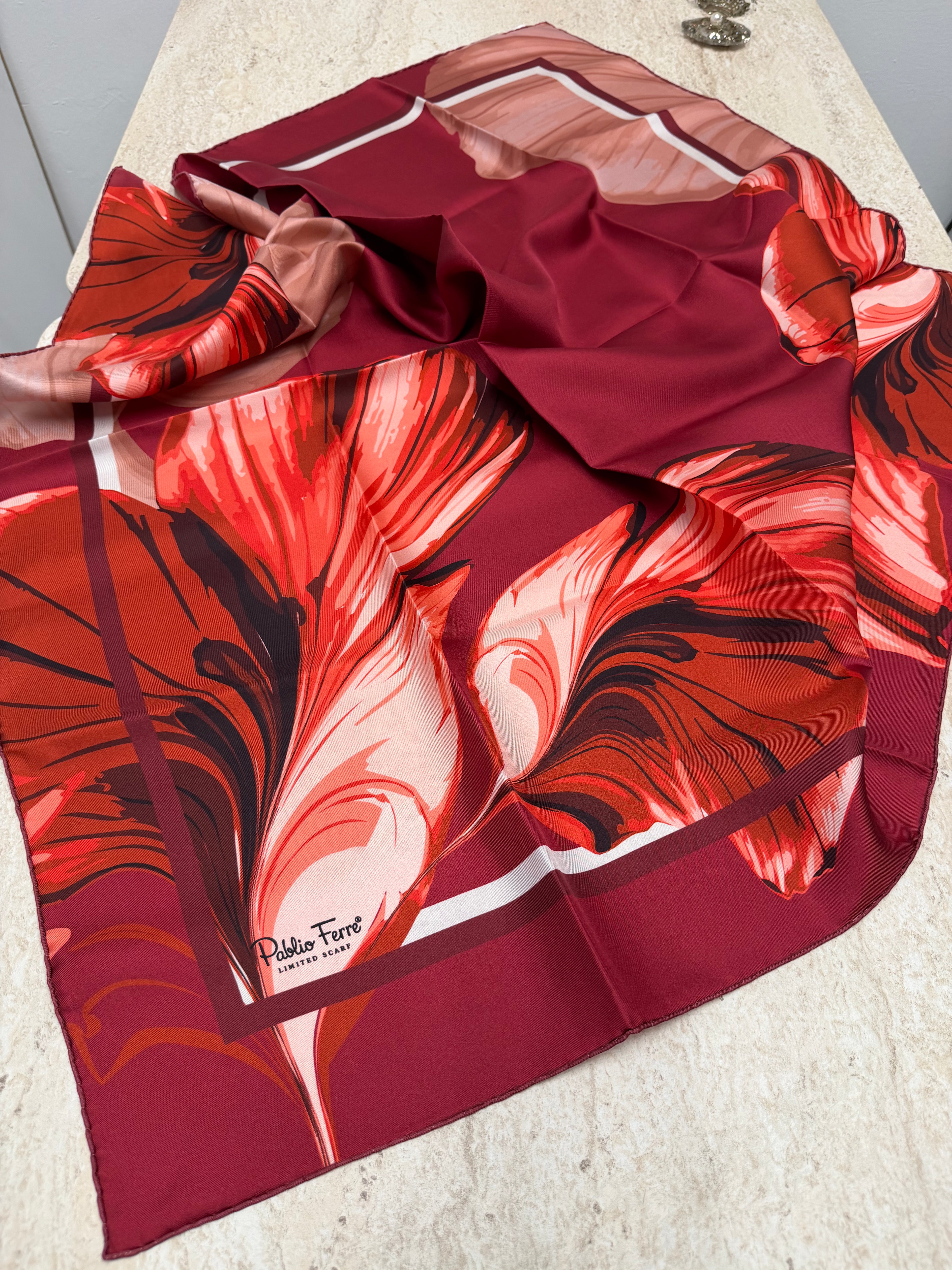 Pablio Ferre'27 Kış Twill İpek Yaprak Desen Vişne