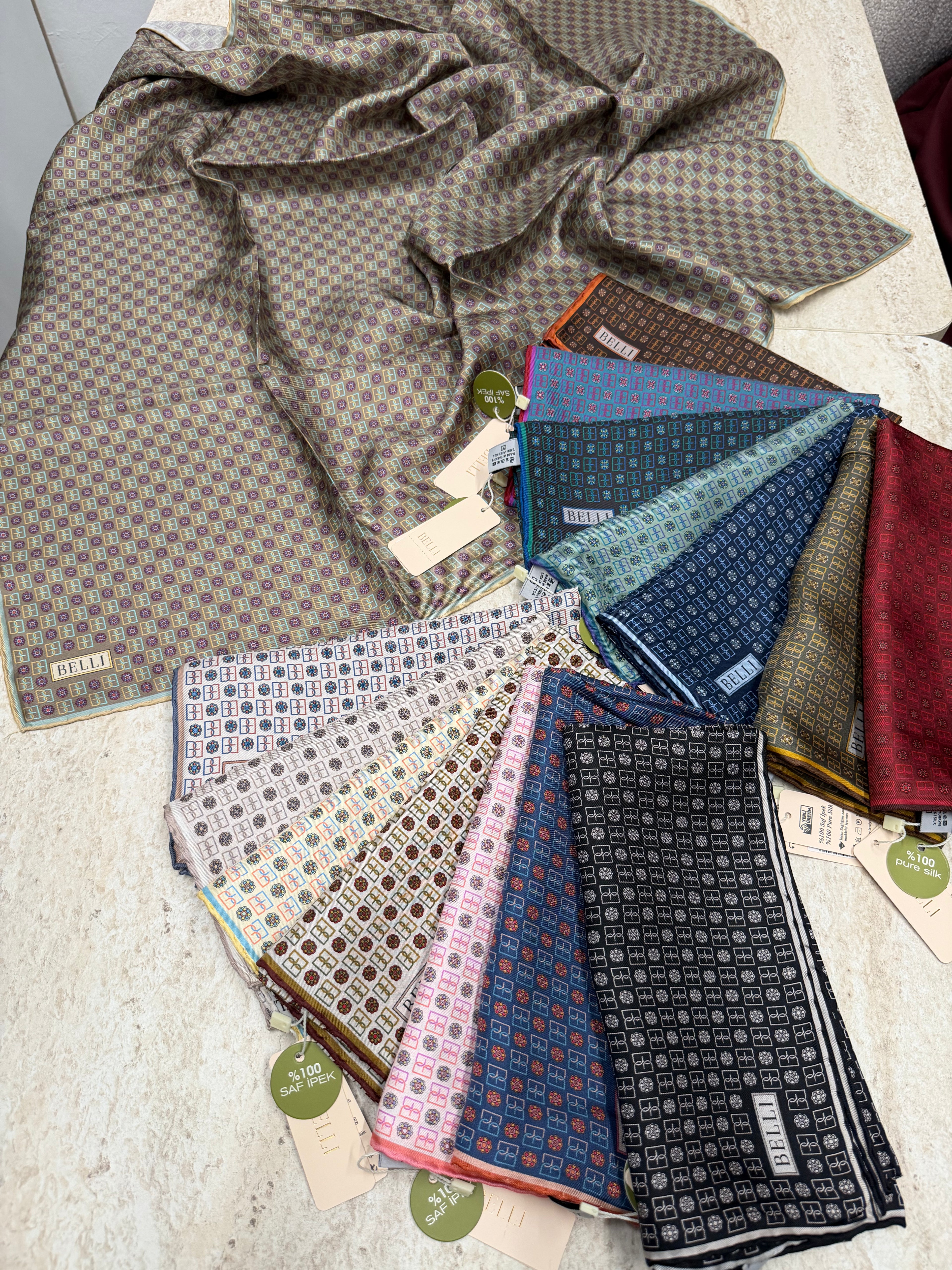 Belli'27 Kış Twill İpek Eşarp Mavi-Ekru