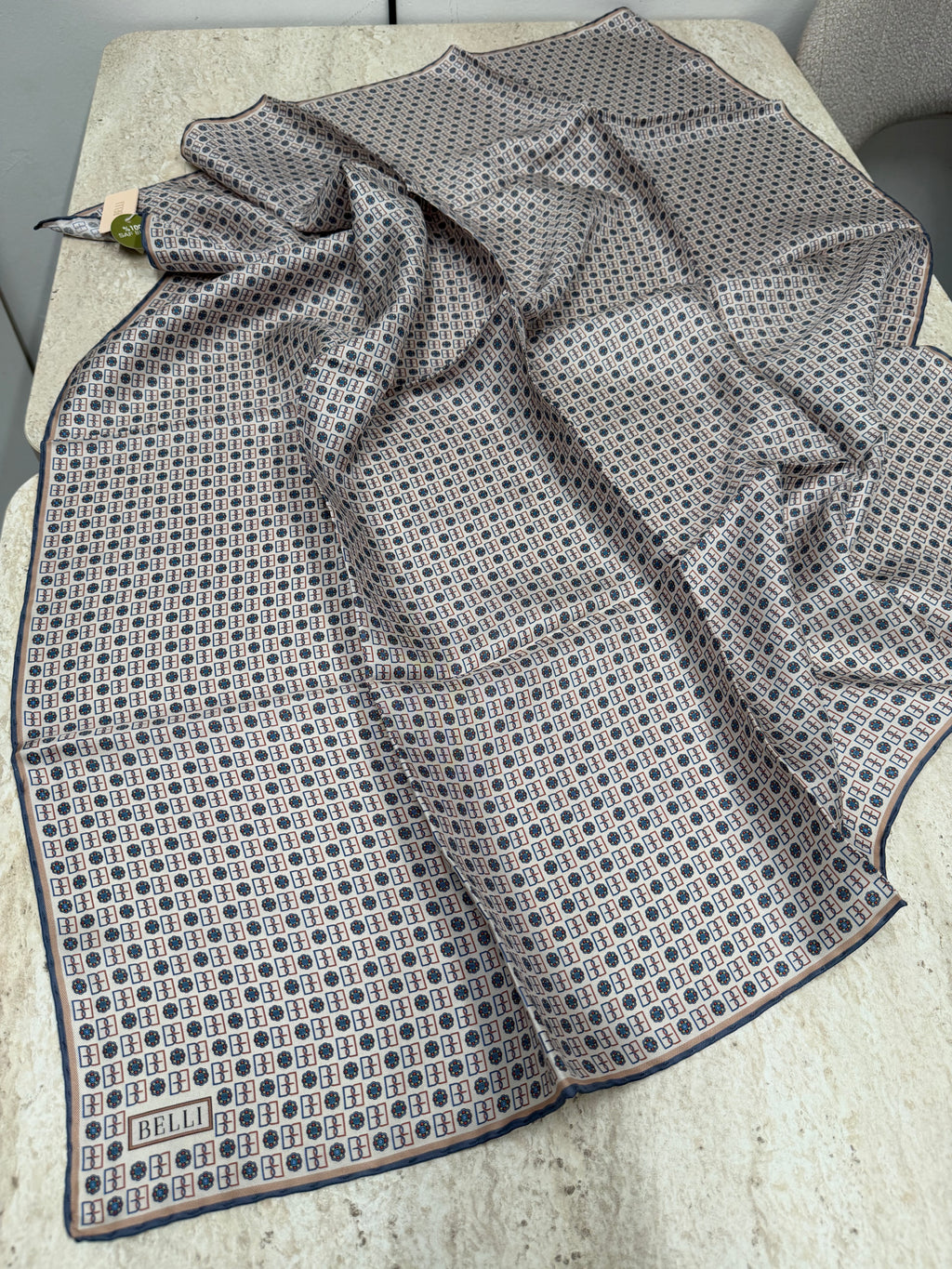 Belli'27 Kış Twill İpek Eşarp Mavi-Ekru