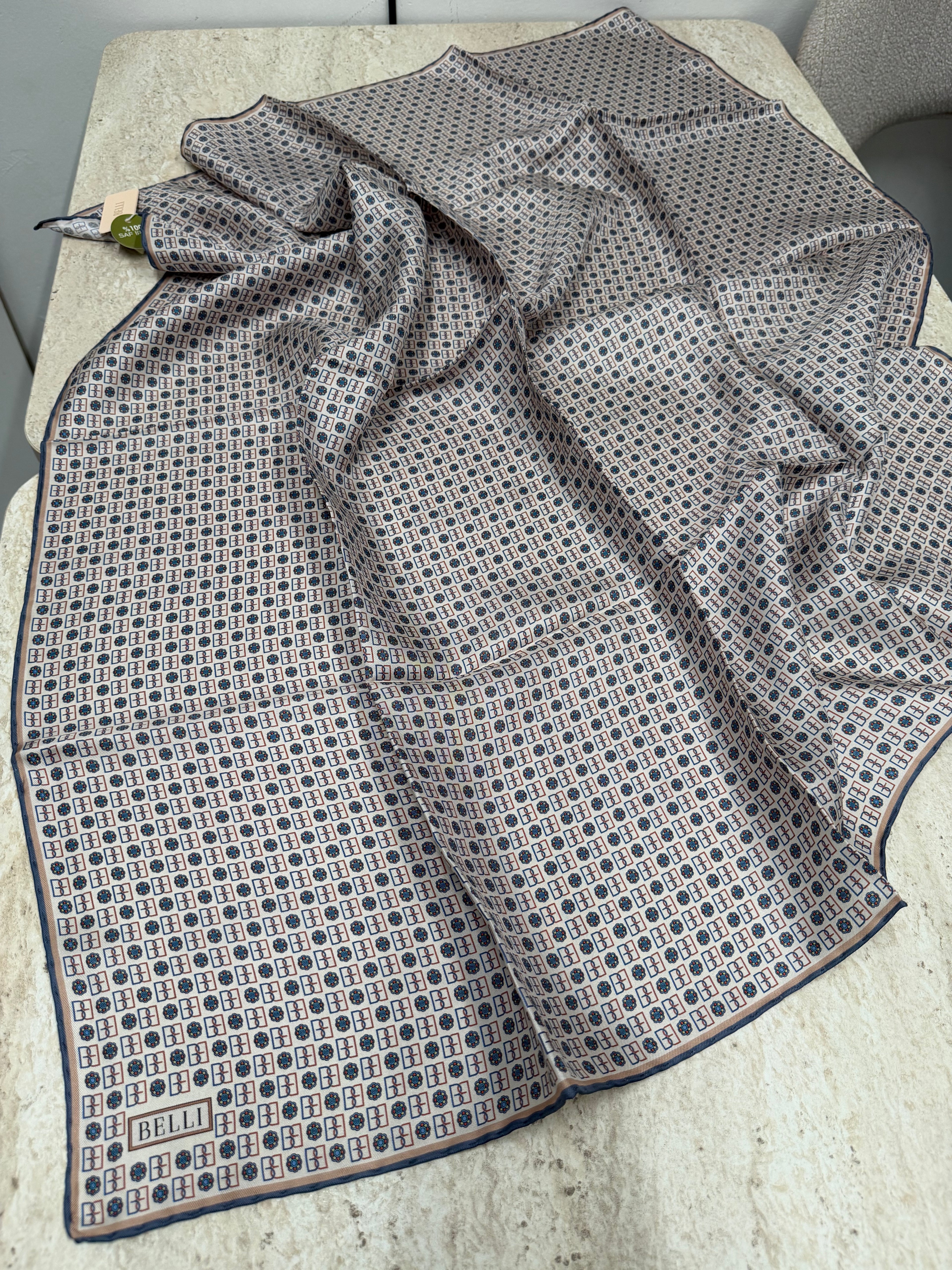 Belli'27 Kış Twill İpek Eşarp Mavi-Ekru
